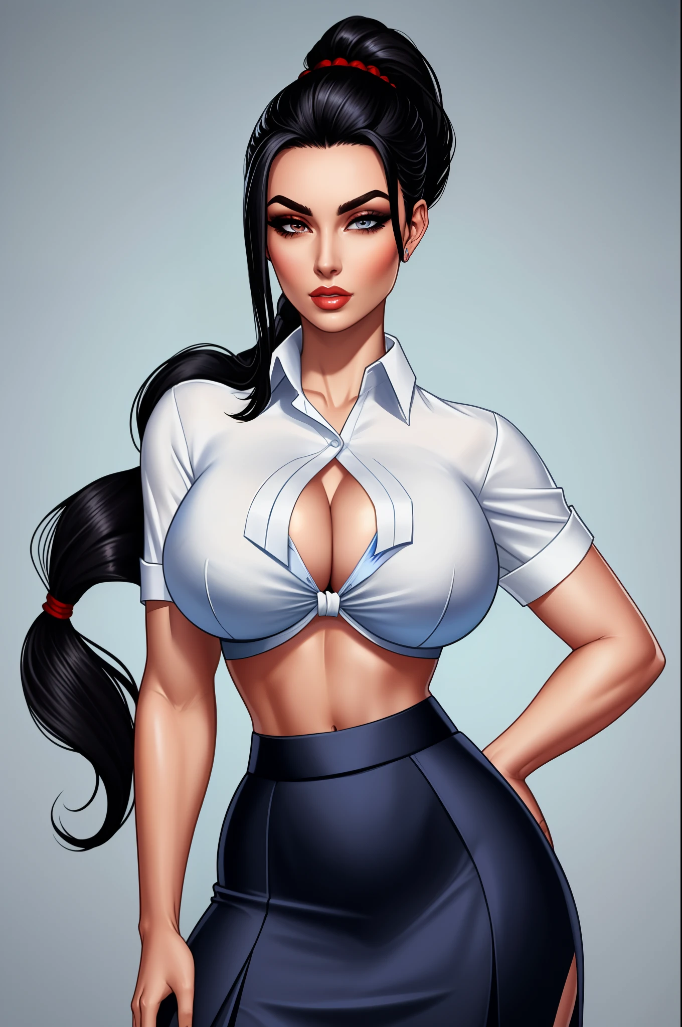  glamorous, short blue plaited skirt, tied white shirt, red bra, midriff, black hair in pony tail