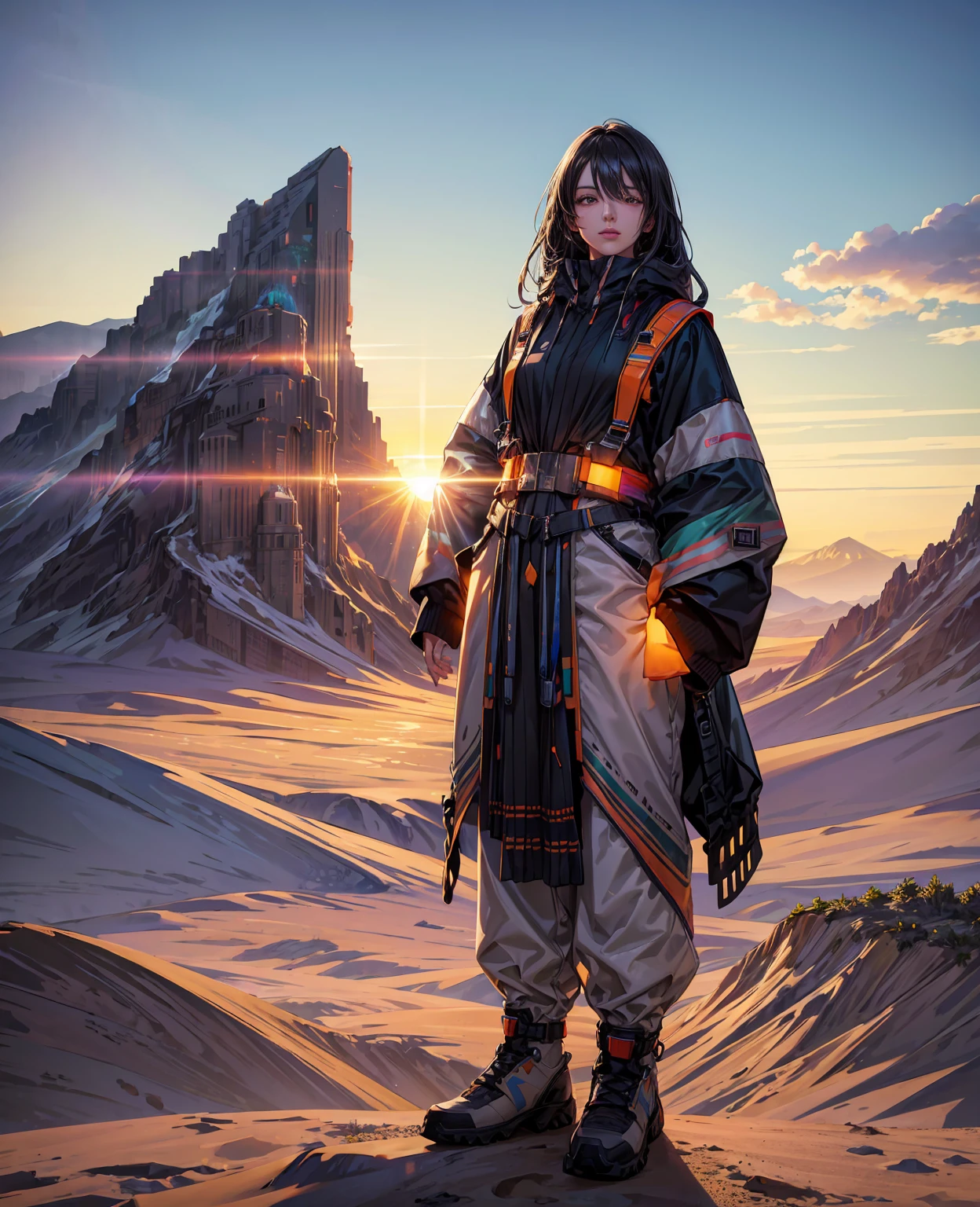 Mountain at sunset, a futuristic city in the desert as background, low clouds cover mountain, realistic+high intricate details, colorful clothing, full bodies, 16k.