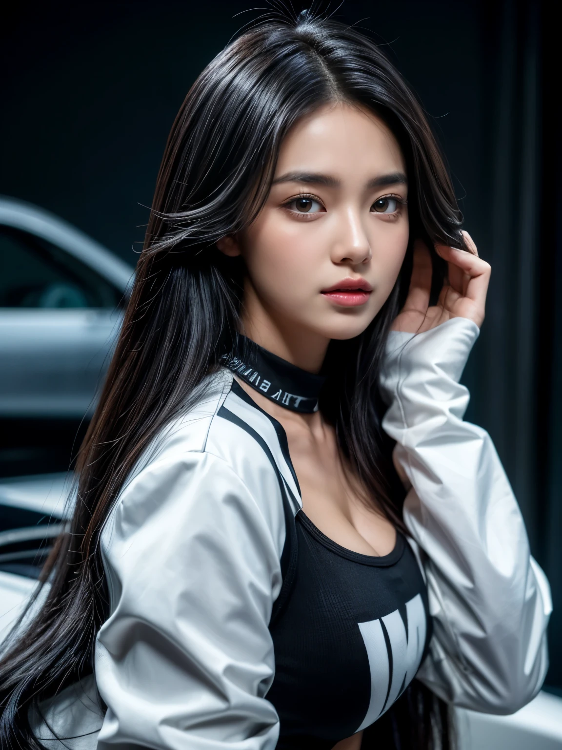 standing, (looking at viewer), cute face, diamond face shape, (((Masterpiece))), garage, cars, (((Best Quality: 1.4))), ((Super Detail: 1.4)), gorgeous exotic features, amber neon eyes:1.5, long black hair, hyper detailed face features, expressivo face, detailed textures, blue skintone, natural skin shader, volumetrics, warm undertones under her skin, ultra High resolution, pair skin, korean, black hair, cute face, (full show perfect body), so huge rounded breasts, racing white and black jacket, 8k, anatomically correct, (dynamic lighting)