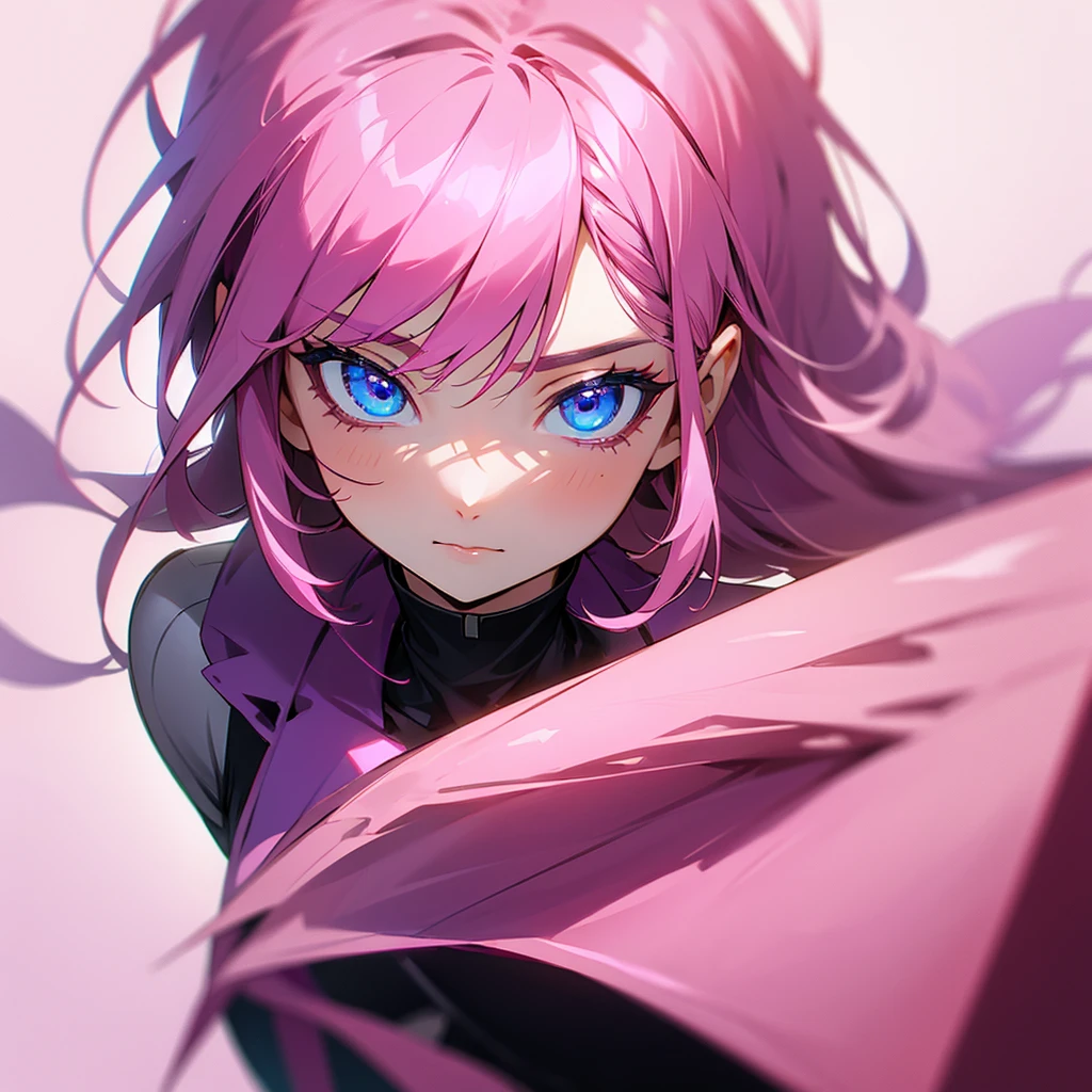 Woman with dark pink hair and blue eyes dressed as a psychologist