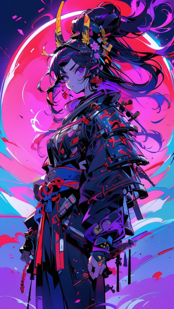 Best quality, Ultra detailed, best quality, insanely detailed, beautiful, masterpiece, 8k, 
break  
(full moon:1.2),  red moon, eye on moon, 
break 
1lady, solo, purple hair, (long hair:1.2),samurai helmet ,blue helmet, Crescent-shaped hair ornament , samurai armor, blue armor, ultra deltailed iris, purple  eyes, ultra detailed eyes, cool eyes, tsurime , 1samurai katana,  
Break
Upper body, from front,  nsfw, cutting at viewer, angry, 