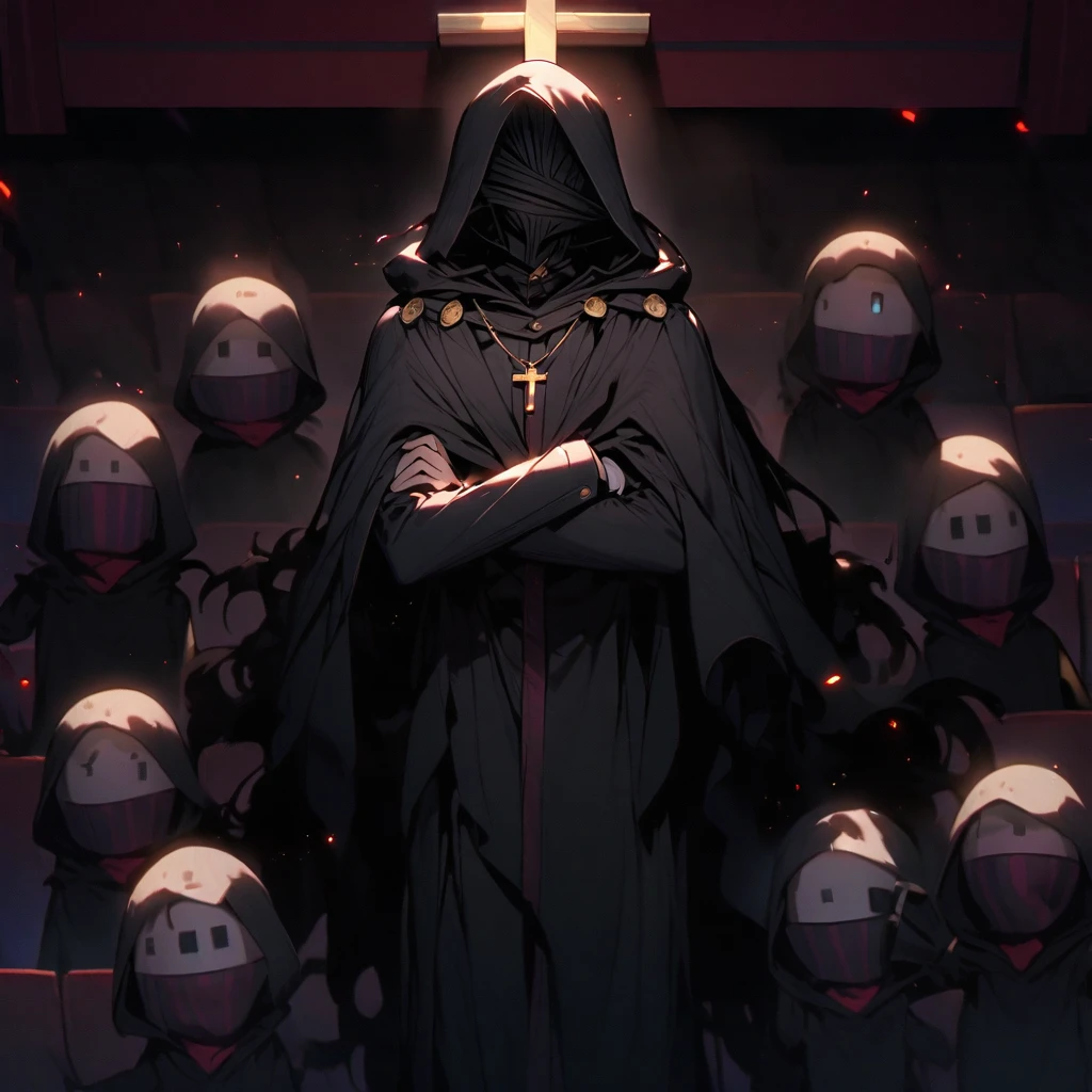 (well done: 1) man, short straight black hair that covers one of the eyes, white eyes, cross necklace, black cape that covers a lot of the body with a hood, black pants, black shoes. using puppets in a theater