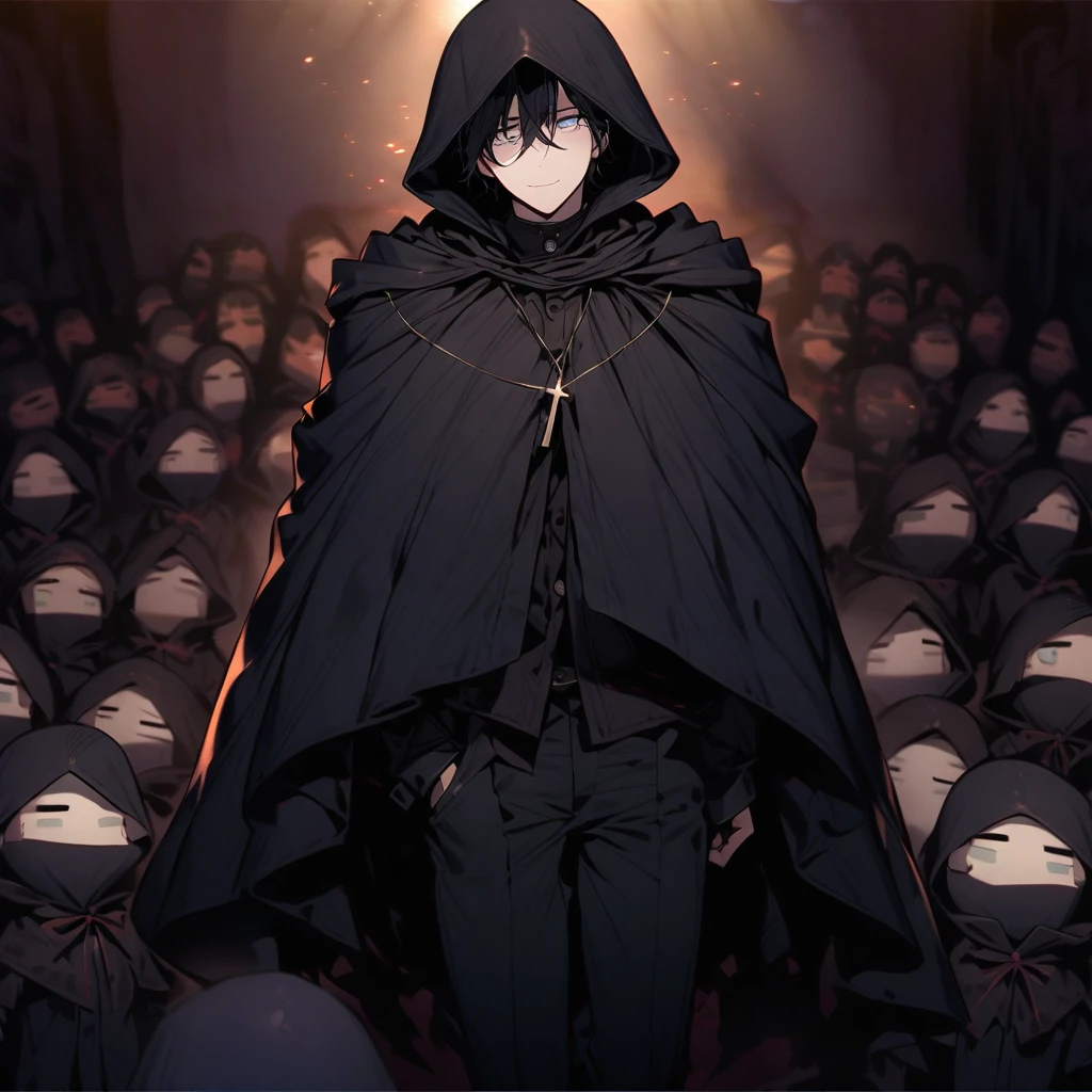 (well done: 1) man, short straight black hair that covers one of the eyes, white eyes, cross necklace, black cape that covers a lot of the body with a hood, black pants, black shoes. using puppets in a theater