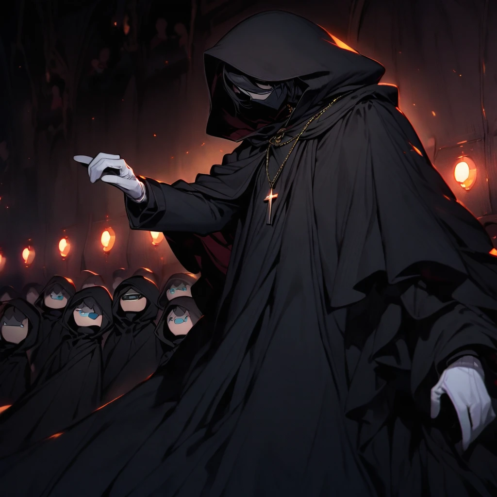 (well done: 1) man, short straight black hair that covers one of the eyes, white eyes, cross necklace, black cape that covers a lot of the body with a hood, black pants, black shoes. using puppets in a theater