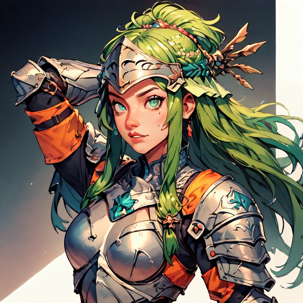 check_9, check_8_up, check_7_up, young woman, green hair armor, helmet, Looking at the viewer, simple black background, dynamic pose, sexual, reference sheet, (whole body, From Side, Front:1.1), upper body, cartoon,
 Character DesignXL