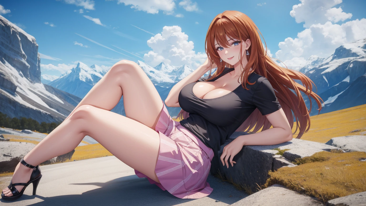 1 girl, very big breasts, very sexy body, 1 girl in, a smile, looks at the viewer, black shirt, super short white school miniskirt, full body, giant breasts, cleavage, giant breasts, heels, background in the mountains 1 girl , with big breasts. long legs QUEEN huge tits, (cleavage), high legs, (standing), sexy and muscular body. short skirt.4k hd