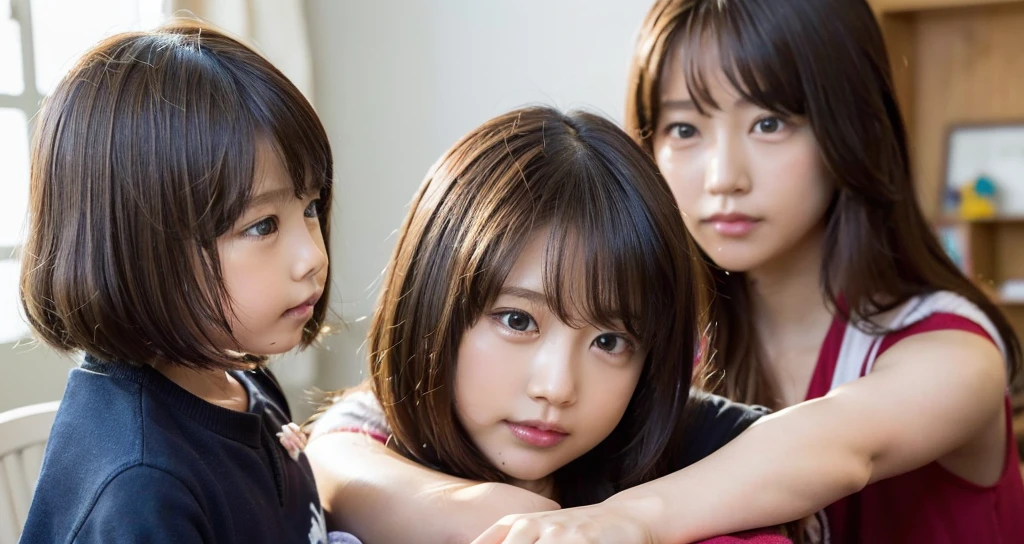 Angle from a distance, 3-year-old twin toddlers in the room, fighting over toys, fighting, hair pulling, mounting style, massaging, extremely beautiful and bewitching mother trying to stop them, light emphasis, fantastic, details emphasis, realistic 32K pixels Anime please.