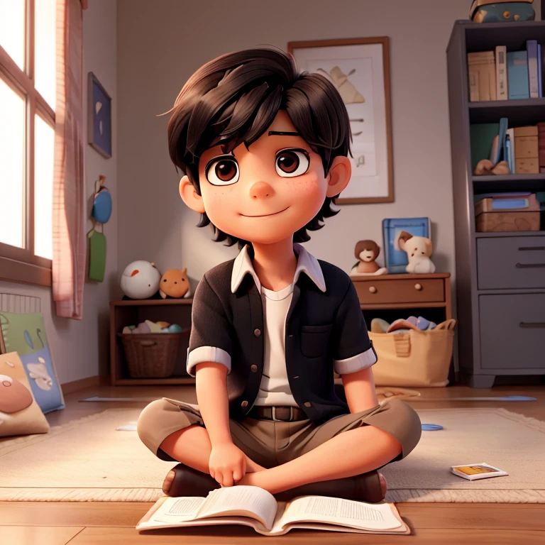 I would like a picture of a seven year old boy with dark black hair and brown eyes, sitting on the bedroom floor reading a book.