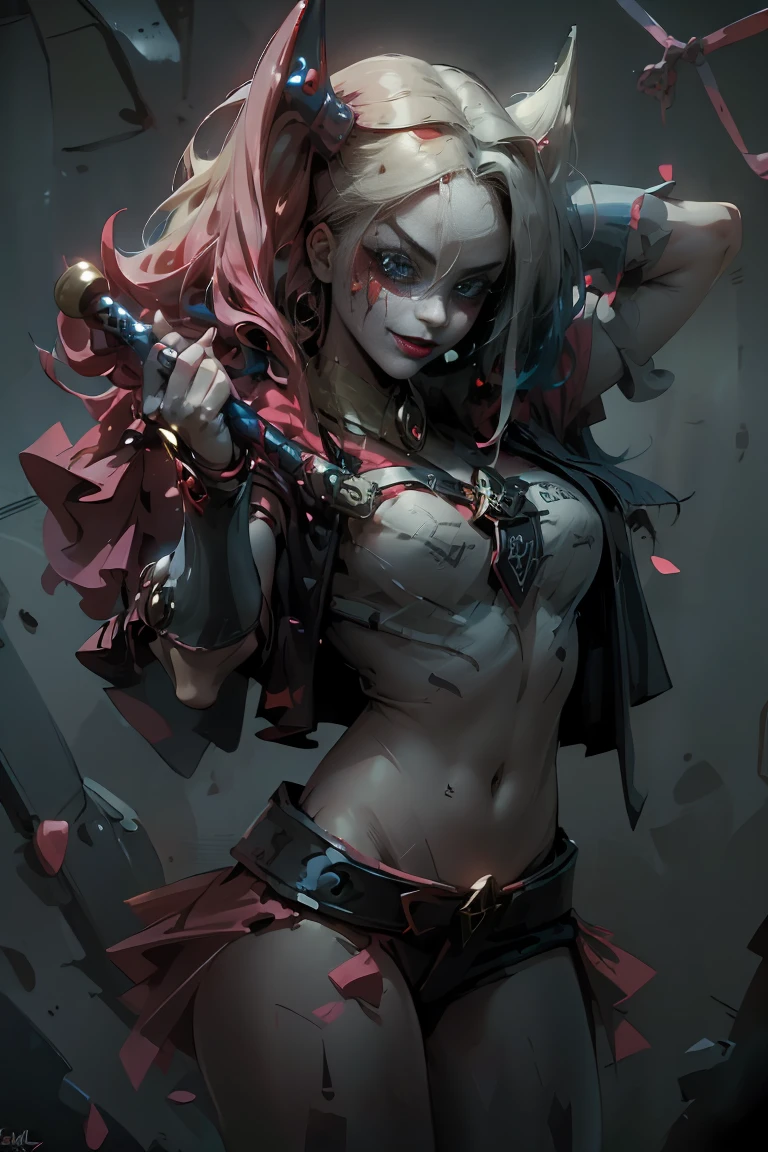The dark wizard Gils dressed as Harley Quinn. He has blonde and black hair.. Blue eyes. Red lips. Gils, the dark magician, Did you dress up as Harley Quinn??. Sensual and innocent pose.. circus background
