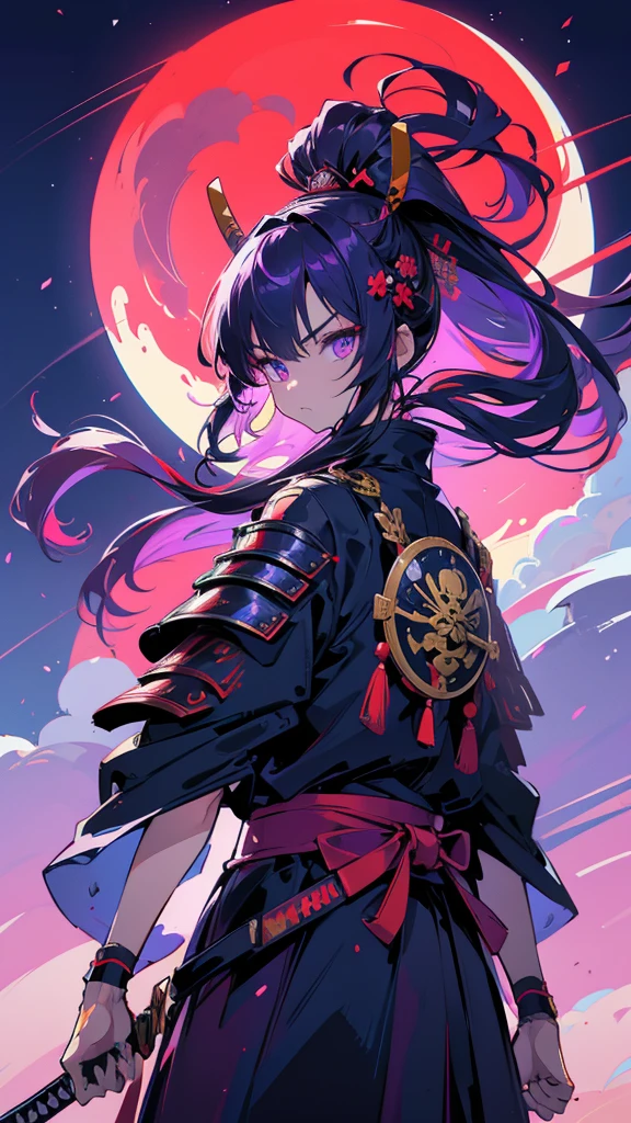Best quality, Ultra detailed, best quality, insanely detailed, beautiful, masterpiece, 8k, 
break  
(full moon:1.2),  red moon, eye on moon, 
break 
1lady, solo, purple hair, (long hair:1.2),samurai helmet ,blue helmet, Crescent-shaped hair ornament , samurai armor, blue armor, ultra deltailed iris, purple  eyes, ultra detailed eyes, cool eyes, tsurime , 1samurai katana,  
Break
Upper body, from front,  nsfw, cutting at viewer, angry, 