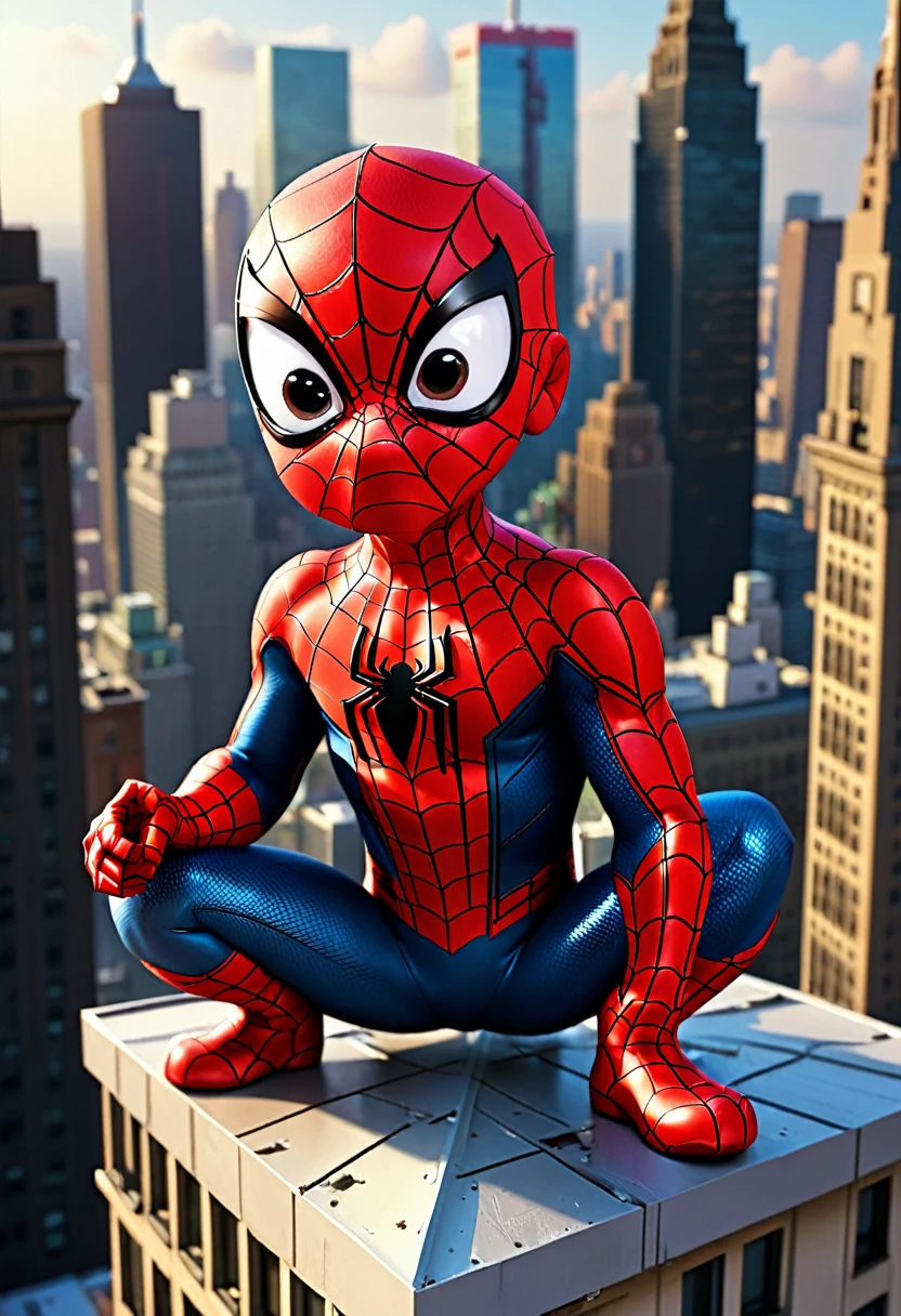 Baby  spiderman,  on top of a building in a big city, 3D