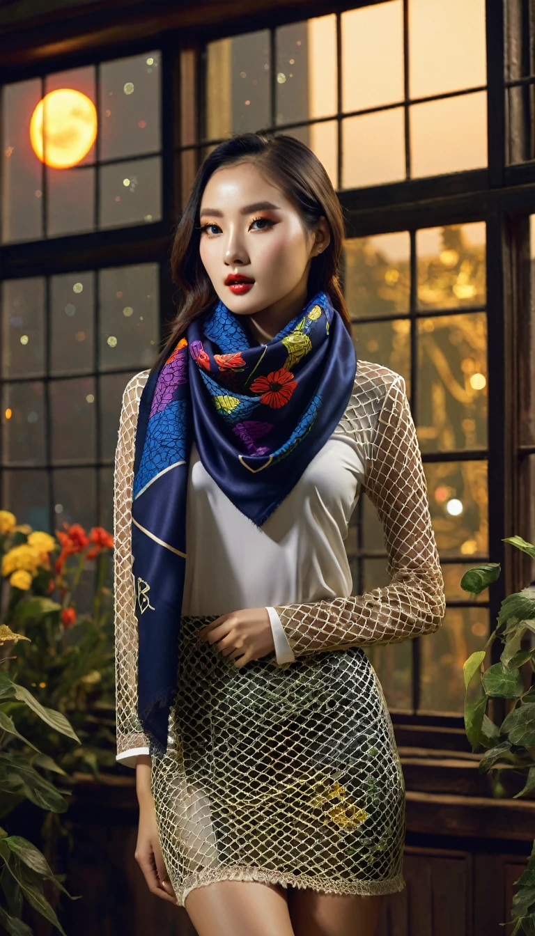 Fishnet lady uniform,   hieroglyphic mockup, colorful  flora scarf ,, , moon night, window, gorgeous attractive model,  breathtaking,  amazing scene 