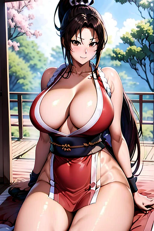 masterpiece、High resolution、high resolution、4K、8K、(((Spread your legs、Big Breasts、Exposing the breasts)))、((Shiny underwear)))、Red gi、Beautiful beauty、Long black hair、((whole body))、(((Photo taken from below)))、dojo、Large Breasts、Big Breasts、mini skirt、Panties are black、Japanese、tall、Long limbs、18-year-old、Mai Shiranui、A beautiful nose like a model、Put your hands on your hips、Natural smile、Sexy pose、Hairstyle: Ponytail、Beautiful belly button