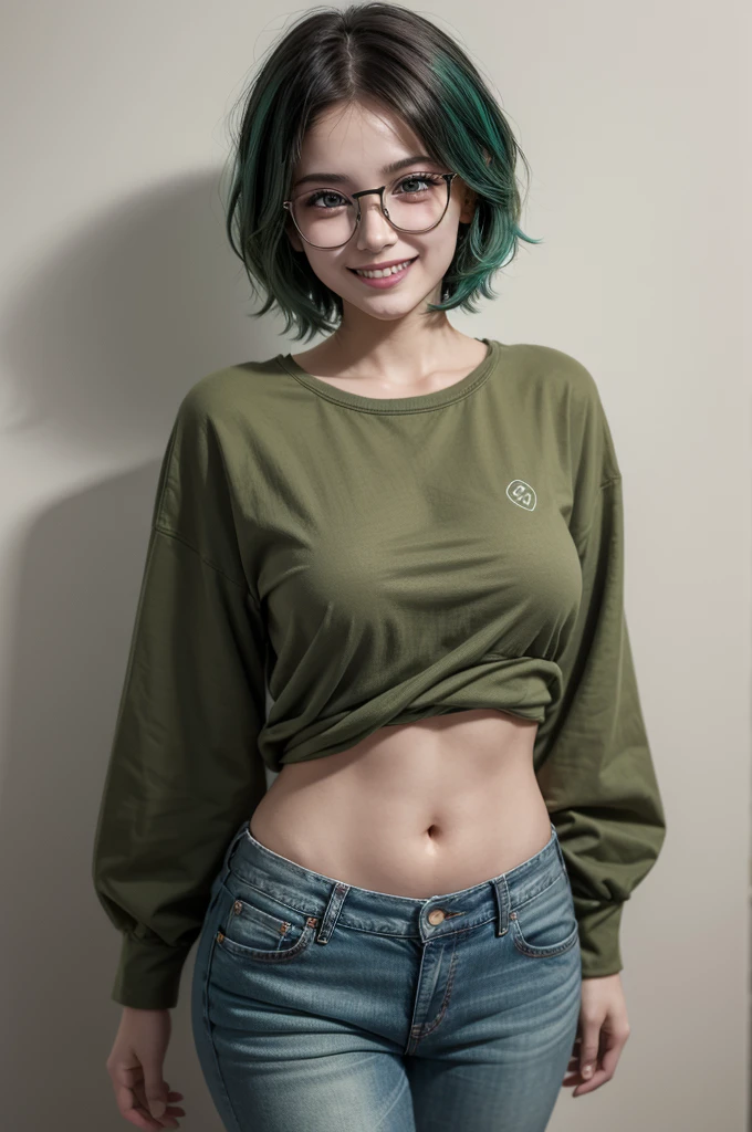 Masterpiece, best quality, 1girl, solo, 23 years old, adult, teal and green hair, messy hair, asymmetrical hair, very short hair, aqua eyes, medium breasts, toned, 167cm, pale skin, glasses, grin, olive green shirt, jeans, midriff peek