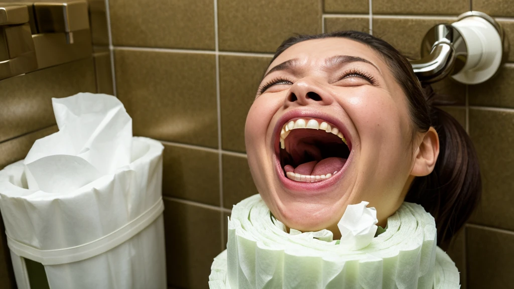Create a hyperdetailed photorealistic image of a roll of bathroom tissue on a dispenser. The roll has a humorous bas relief face making a "yuck" expression with its eyes scrunched up and its teeth clinched.