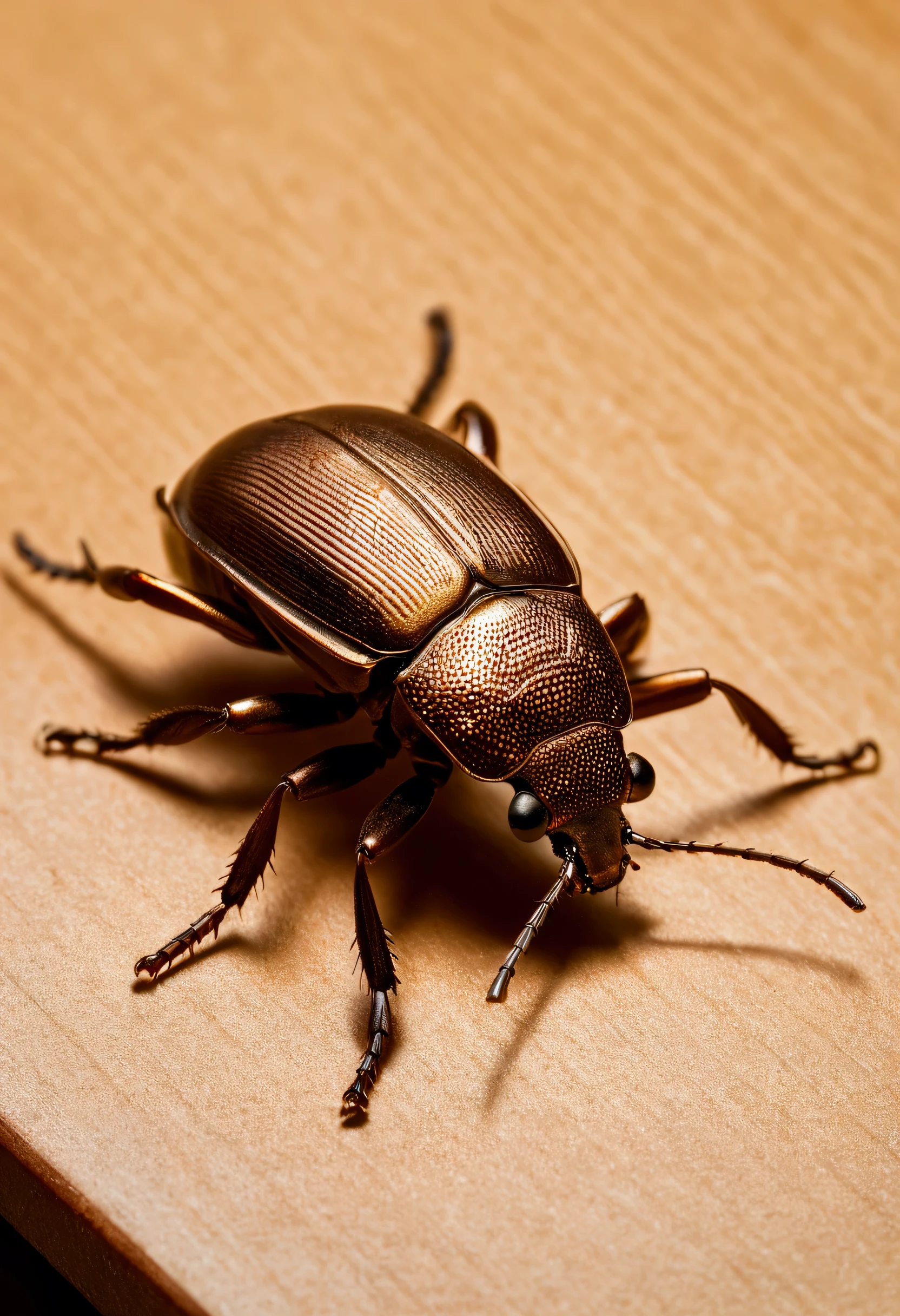 A bronze beetle crawls along a light brown board
