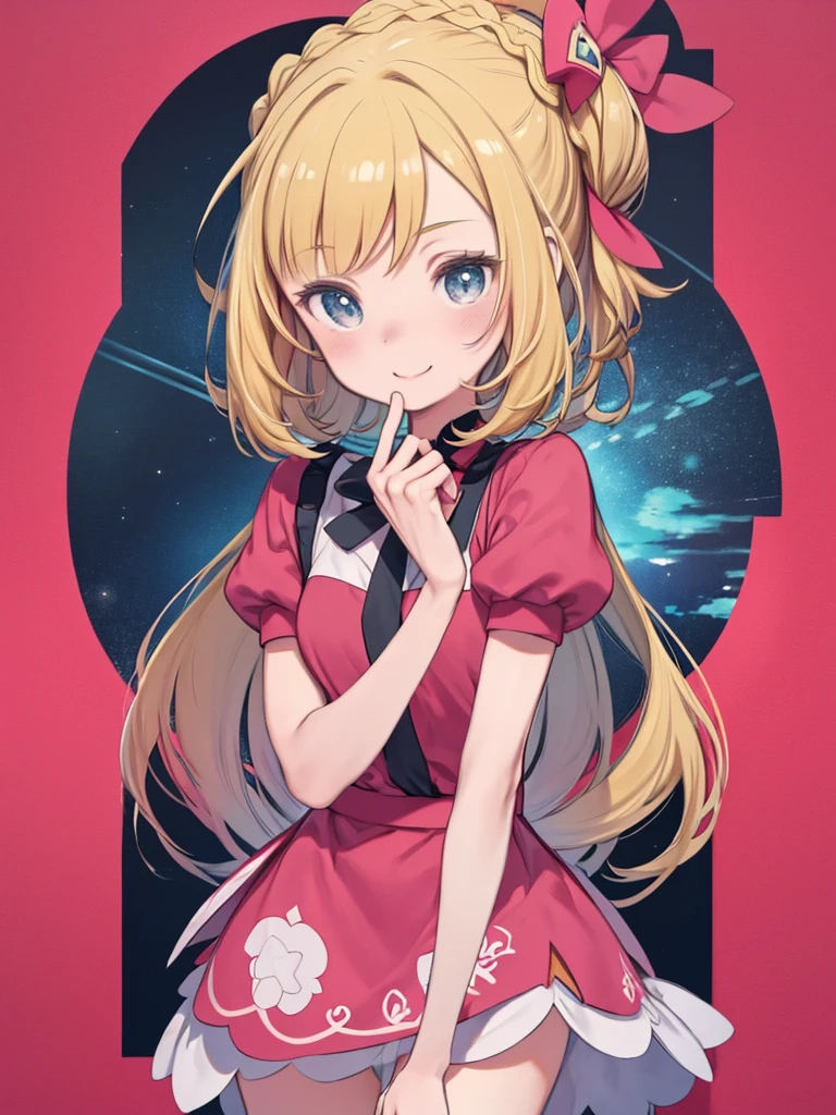(masterpiece, Highest quality),1 Girl,(heart型の手:1.1),(Colored pencil:1.2)、Pink Dress, Pokemon, Pokemon masters ex, red shirt, shirt, Short sleeve, Waist apron, Wrist cuff, gift, gift box, Apply blush all over the face, Pink Background, heartの背景, heart, smile, Marina_Lucca_Maxet_oc, One girl, alone, blonde, Very long hair, French Braid, Hair Ribbon,, ultra detailed, masterpiece, Highest quality, beautiful, detailed
