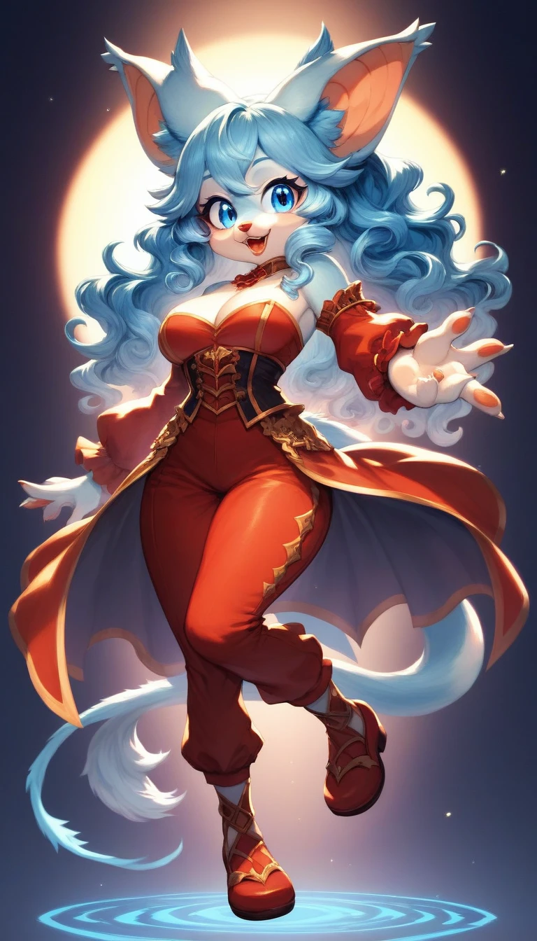 furry kemono commission style, a cute bat goddess with big ears and long white wavy hair, beautiful detailed eyes, beautiful detailed lips, extremely detailed face, blue eyes, happy expression, dressed in blue and red casual style, bat wings on the back, curvy figure, full body shot, 8k, hyper-detailed, intricate details, dynamic pose, vibrant colors, dramatic lighting, fantasy art, digital painting