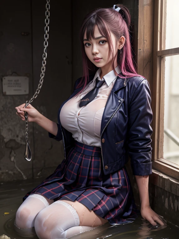 Kneeling , Behind bars , dungeon, Be punished in dark prison cell , Many chains hang, Bound by chains, Get wet, enjoying, hyper HD, Textured skin, Super detail , big breasts , skirt dark red , plaid skirt , pleated skirt , Tight shirt , white Shirt , school girl , red knot , red bow , dirty clothes ,The clothes were full of stains , wet white shirt , a lot of garbage and junk , Littered with filth , dripping wet, Wet hair, Wet skin, translucent, Glittering with oil , Shit came out from under her skirt , (masterpiece, best quality:1.2), solo, 1girl, honoka , skull hair ornament ,purple jacket, necktie, single glove, black gloves, plaid skirt, white thighhighs 