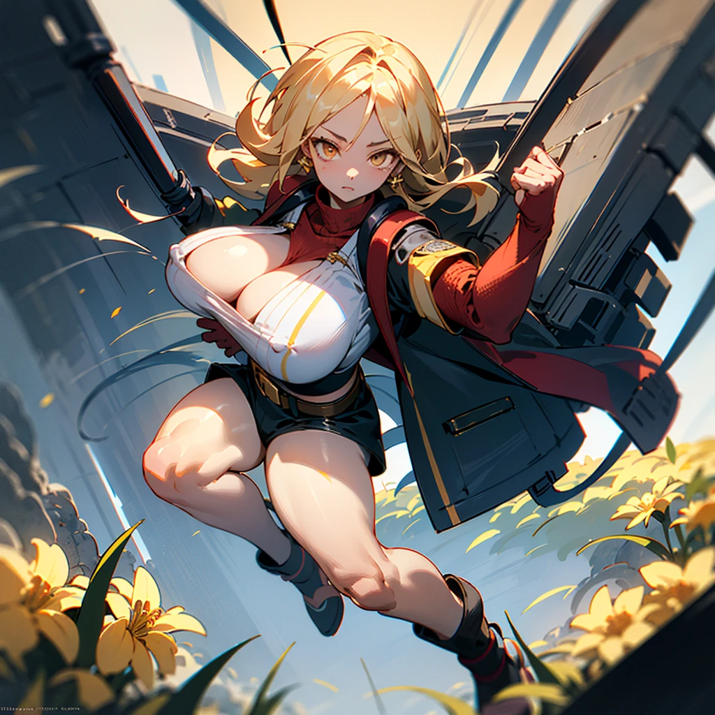 ((best quality)), ((masterpiece)), (detailed), 1girl, 8k_wallpaper, extremely detailed eyes, extremely detailed body, (large masterpiece digital art), ((perfect anatomy huge chest)), (intricate details:1.3 ), (ultra-detailed:1.3), (sharp focus:1.3), (natural lighting:1.05), (best quality:1.4), high quality, expressive eyes, full body, tall girl, detailed face, beautiful face, perfect face, detailed ((blonde hair)), (gold eyes), ({dark skinned female}), gigantic breasts, thick thighs, strong arm and leg muscles, strong abdominal muscles, wearing a modern short black cloth jacket with rolled up sleeves, wearing heavy mechanized armor, heavy steel armor in red and gold color, a wide red belt with gold yarn, a military radio hanging on his belt, a hiking backpack on his back, rides a motorcycle through a flower field on an unknown planet against the backdrop of distant mountains and a lilac forest, cyberpunk,