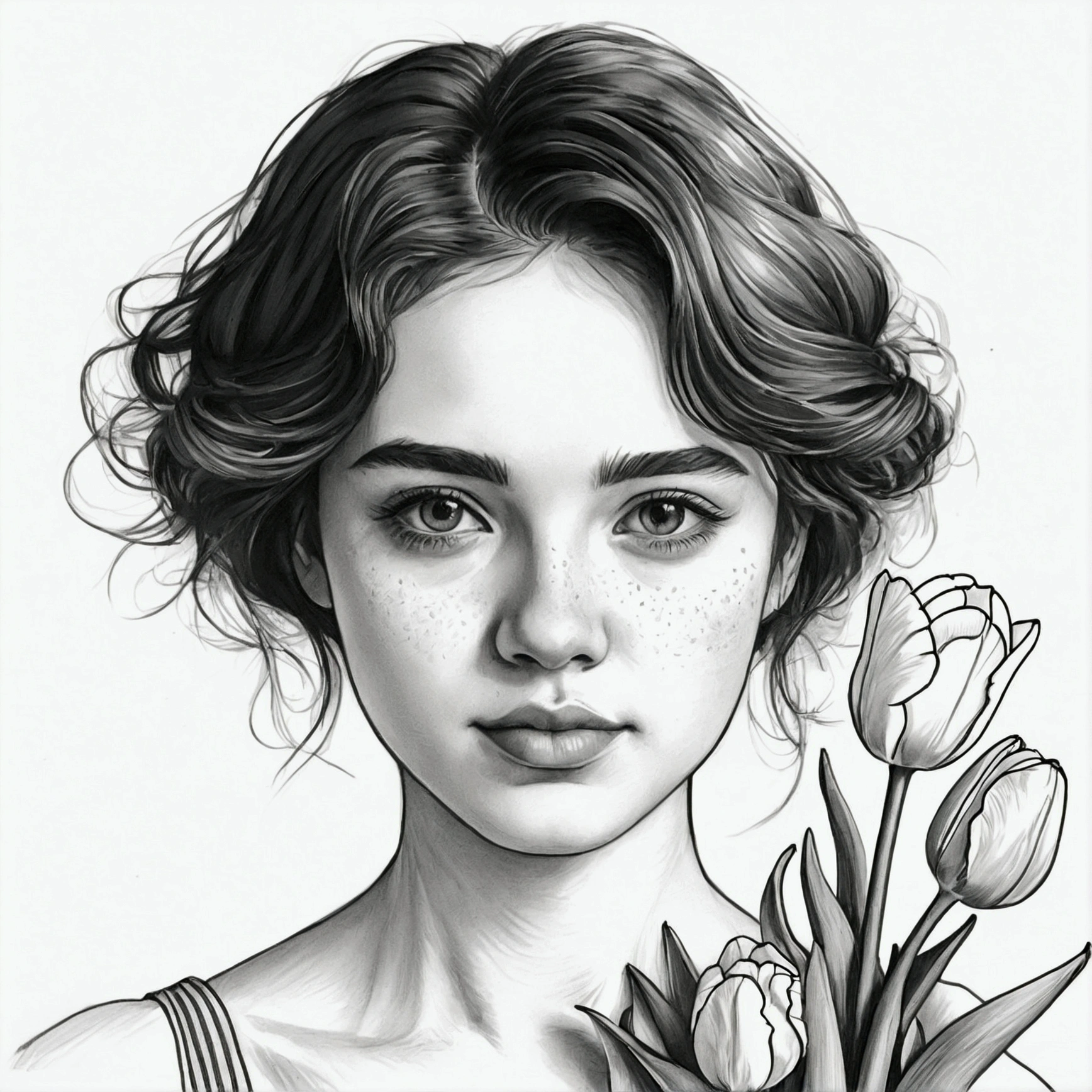 a portrait of a beautiful woman, sun dress, defined black lines, 1 girl, only, water, hugging tulips, simple background, White background, monochrome, arte linear, ((outline)),((high qualiy, work of art:1.4)), 1 girl, ((trunk)), portrait sketch, messy drawing, messy coal stains, outline inacabado, sketchbook charcoal style drawing of a woman, sketchbook drawing, sketchbook, cute hair, medium short hair, gorgeous face, symmetrical facial, symmetrical eyes, ((paper material background)), realistic coal lines, imperfect drawing, coal crumbs, coal lines, Imperfection, Fade outline, outline sQueratogray (Eddymauro Mix)