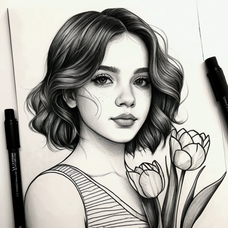 a portrait of a beautiful woman, sun dress, defined black lines, 1 girl, only, water, hugging tulips, simple background, White background, monochrome, arte linear, ((outline)),((high qualiy, work of art:1.4)), 1 girl, ((trunk)), portrait sketch, messy drawing, messy coal stains, outline inacabado, sketchbook charcoal style drawing of a woman, sketchbook drawing, sketchbook, cute hair, medium short hair, gorgeous face, symmetrical facial, symmetrical eyes, ((paper material background)), realistic coal lines, imperfect drawing, coal crumbs, coal lines, Imperfection, Fade outline, outline sQueratogray (Eddymauro Mix)