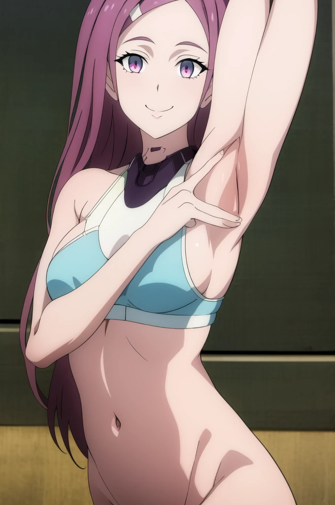 smile, looking at viewer, arms behind head, contrapposto, masterpiece, absurdres , spread armpits,, upper body, (best quality:1.1), (masterpiece:1.4), , , , , , , 1girl, solo, ange_synduality_noir