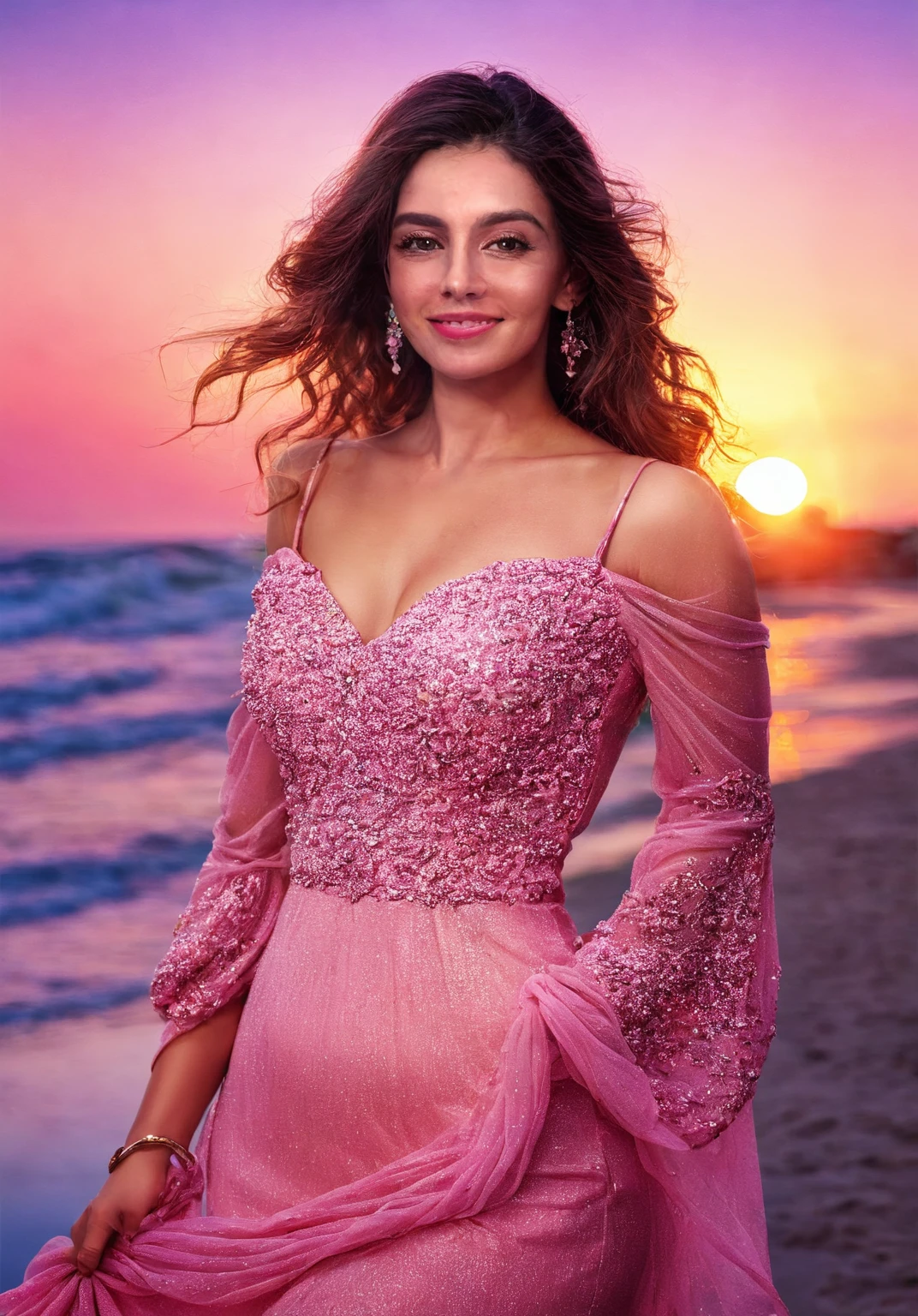 arafa woman in pink dress posing for a realistic photo, beautiful beach on a beautiful sunset.