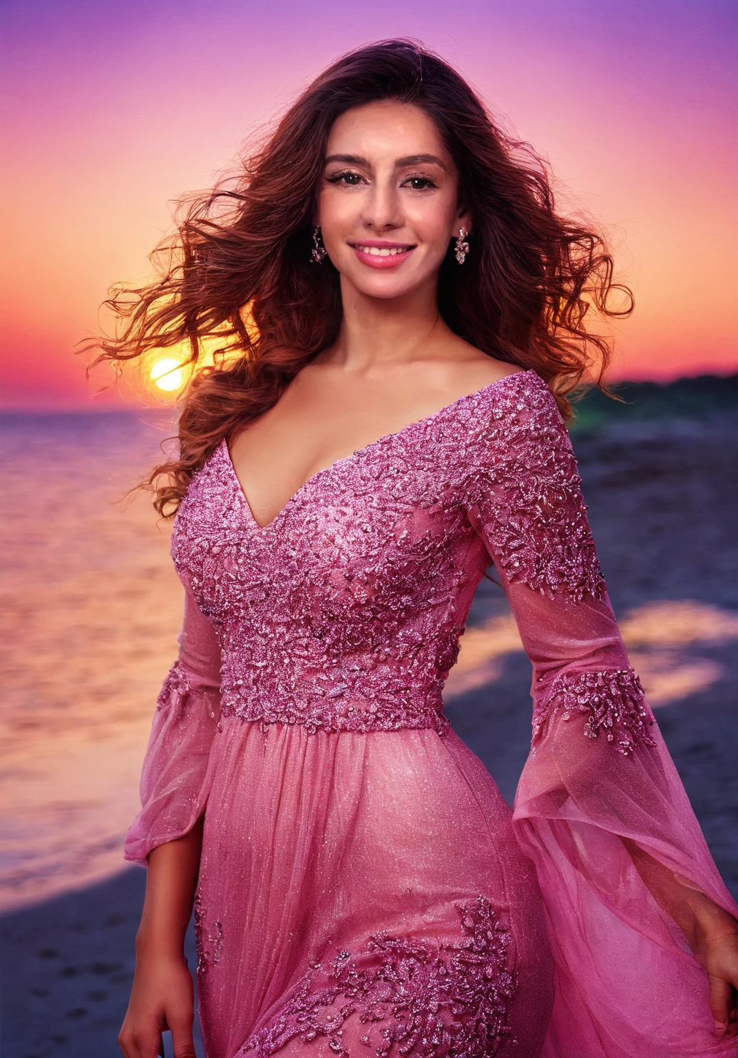 arafa woman in pink dress posing for a realistic photo, beautiful beach on a beautiful sunset.