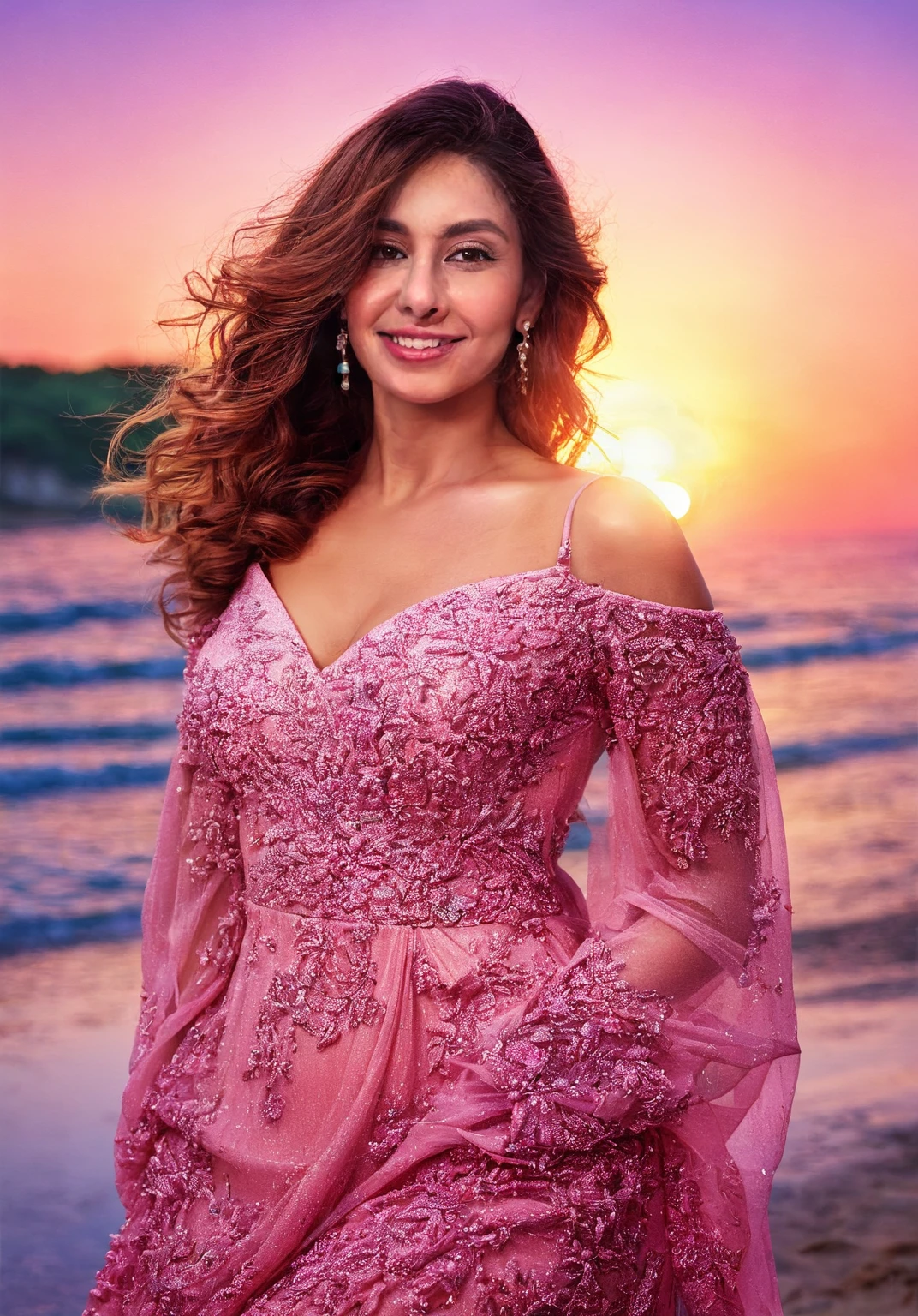arafa woman in pink dress posing for a realistic photo, beautiful beach on a beautiful sunset.