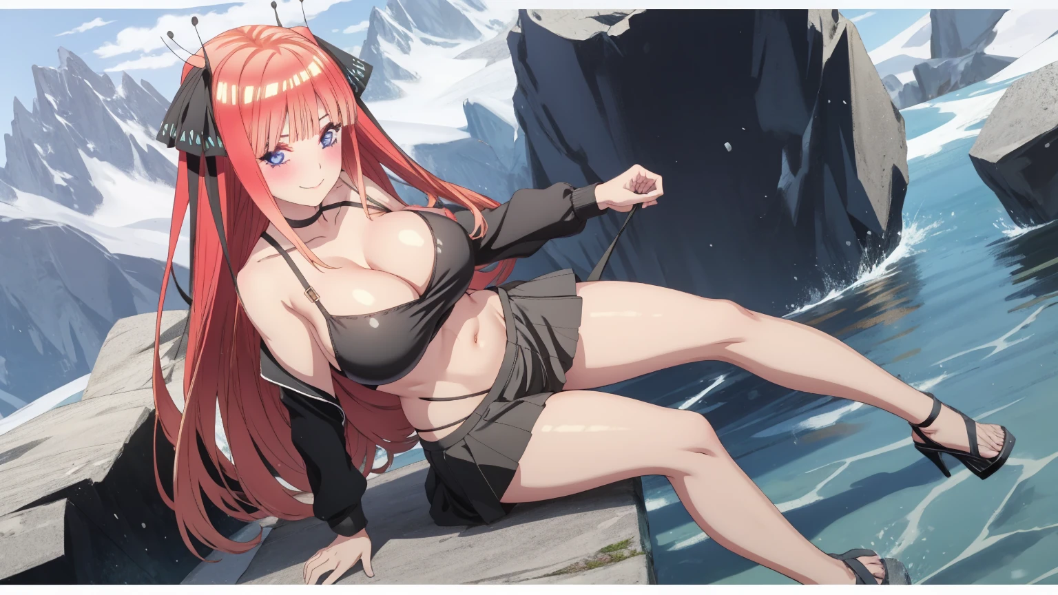 1 girl, very big breasts, very sexy body, 1 girl in, a smile, looks at the viewer, black shirt, super short white school miniskirt, full body, giant breasts, cleavage, giant breasts, heels, background in the mountains 1 girl , with big breasts. long legs QUEEN huge tits, (cleavage), high legs, (standing), sexy and muscular body. short skirt.4k hd
