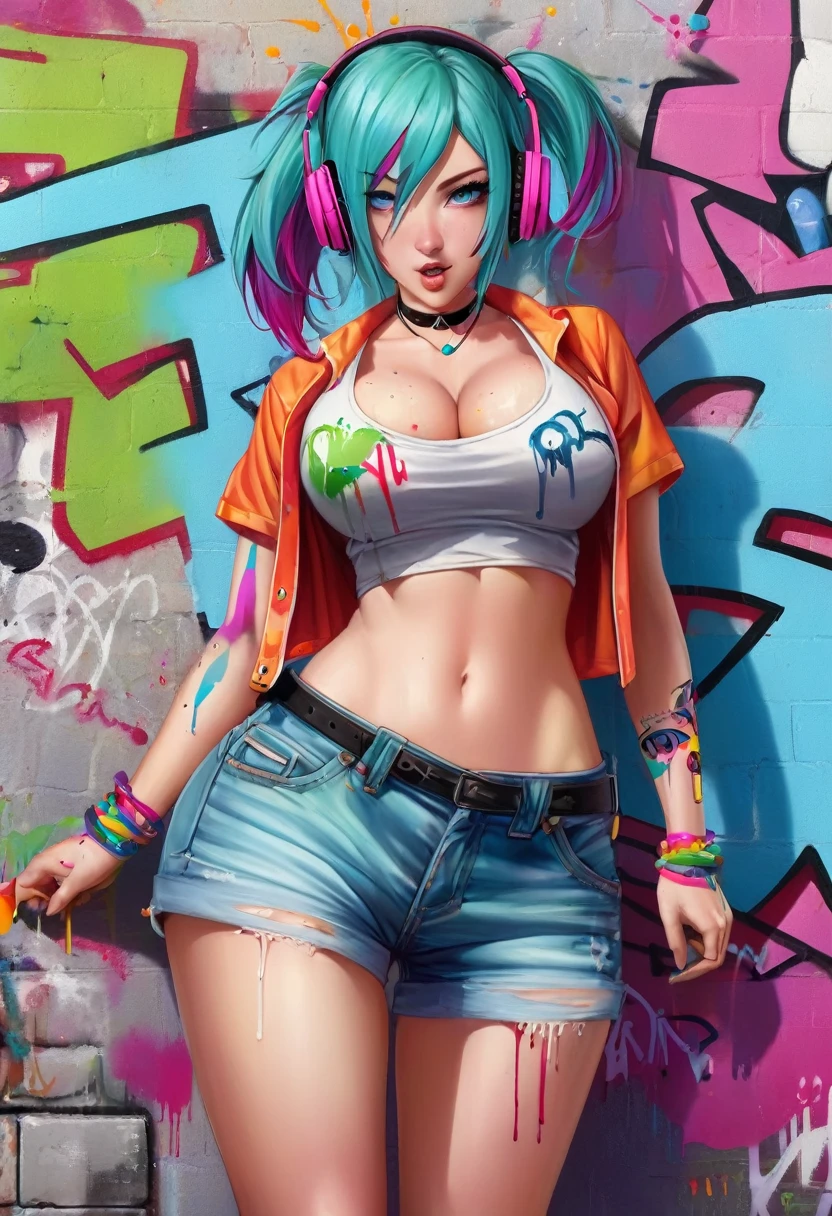 masterpiece, best quality, 1girl, solo, crop top, ((colossal cleavage:1.3)), denim shorts, choker, (graffiti:1.5), paint splatter, arms behind back, against wall, looking at viewer, armband, thigh strap, paint on body, head tilt, bored, multicolored hair, aqua eyes, headset, peepshow, greg rutkowski