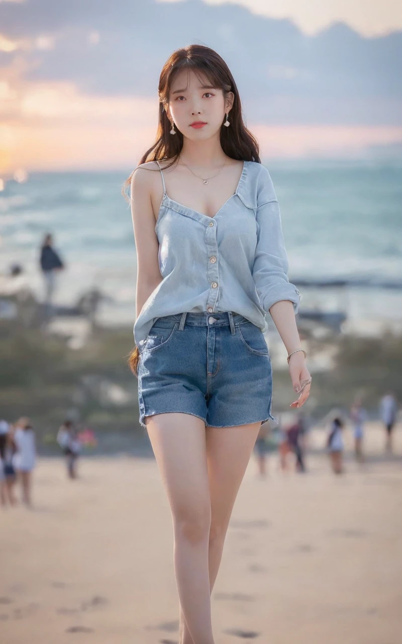 a woman in denim shorts posing on the beach at sunset, bae suzy, sun yunjoo, heonhwa choe, jaeyeon nam, hot with shining sun, hwang se - on, casual pose, lee ji-eun, lee ji - eun, gorgeous young korean woman, korean girl, beautiful young korean woman, korean women's fashion model, sakimichan, IU