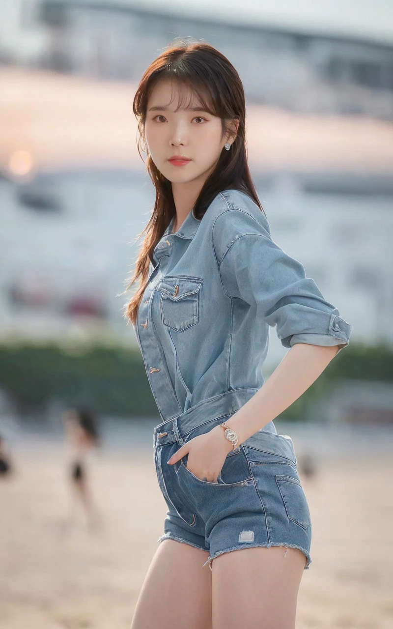 a woman in denim shorts posing on the beach at sunset, bae suzy, sun yunjoo, heonhwa choe, jaeyeon nam, hot with shining sun, hwang se - on, casual pose, lee ji-eun, lee ji - eun, gorgeous young korean woman, korean girl, beautiful young korean woman, korean women's fashion model, sakimichan, IU 