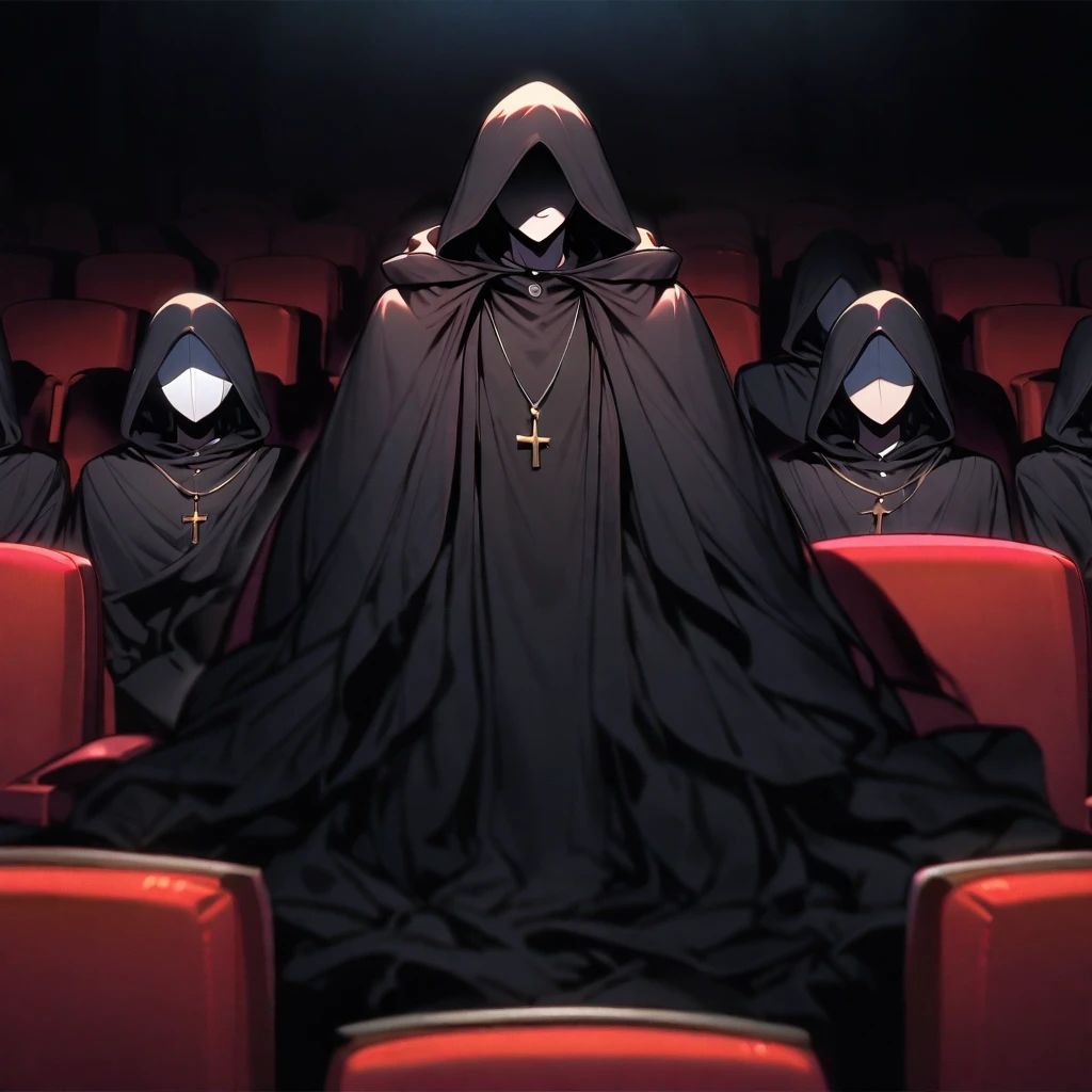 (well done: 1) man, short straight black hair that covers one of the eyes, white eyes, cross necklace, black cape that covers a lot of the body with a hood, black pants, black shoes. in a theater