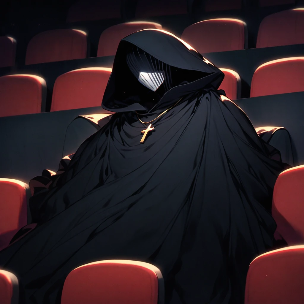 (well done: 1) man, short straight black hair that covers one of the eyes, white eyes, cross necklace, black cape that covers a lot of the body with a hood, black pants, black shoes. in a theater