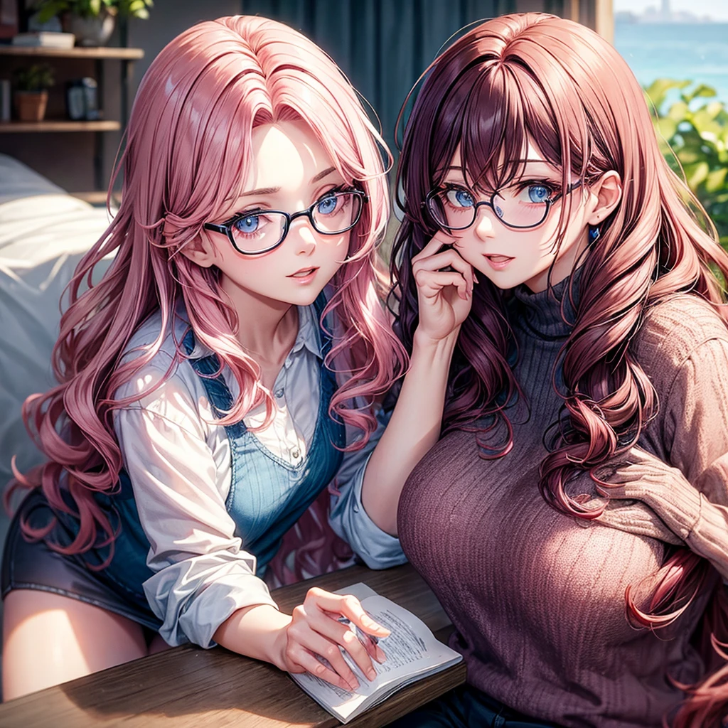 Middle-aged woman with dark pink hair and blue eyes wearing glasses and wavy hair