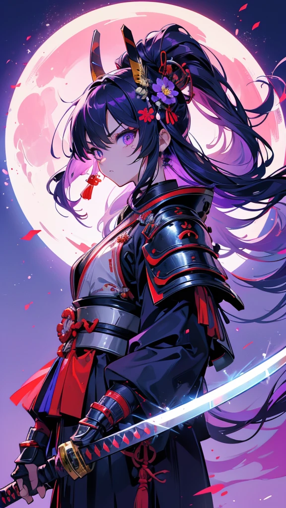 Best quality, Ultra detailed, best quality, insanely detailed, beautiful, masterpiece, 8k, 
break  
(full moon:1.2),  red moon, eye on moon, 
break 
1lady, solo, purple hair, (long hair:1.2),samurai helmet ,blue helmet, Crescent-shaped hair ornament , samurai armor, blue armor, ultra deltailed iris, purple  eyes, ultra detailed eyes, cool eyes, tsurime , 1samurai katana,  raging eyes, angry
Break
Upper body, from front,  nsfw, 