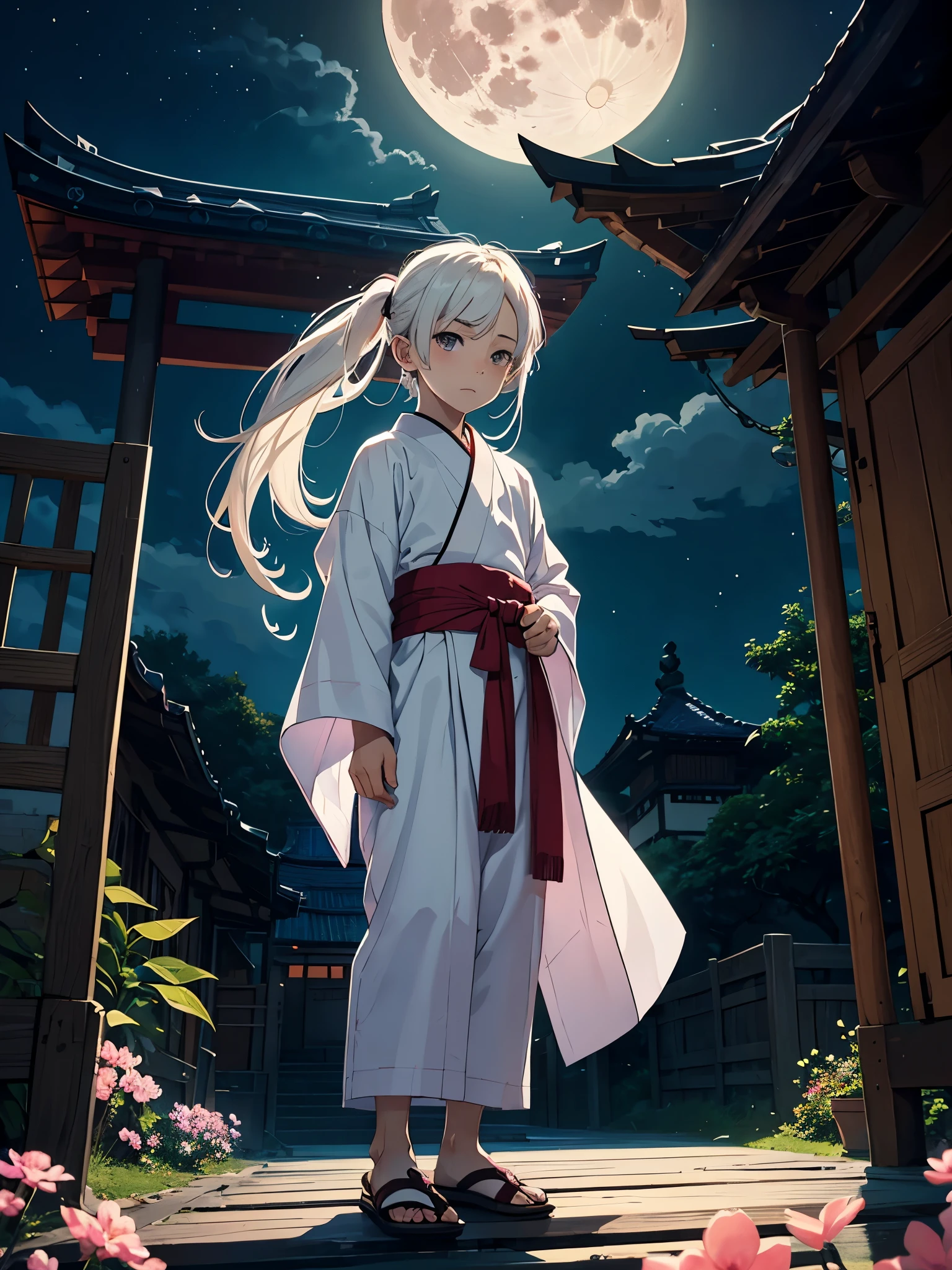 Mehr anime. Little ???. masculine. tao. Boy. mystical. Japanese Gate. Tori Tor. Tsukiyomi. japanese clothes. God of the Moon. long white hair. traditional clothing. divine. full moon. Pink flowers.