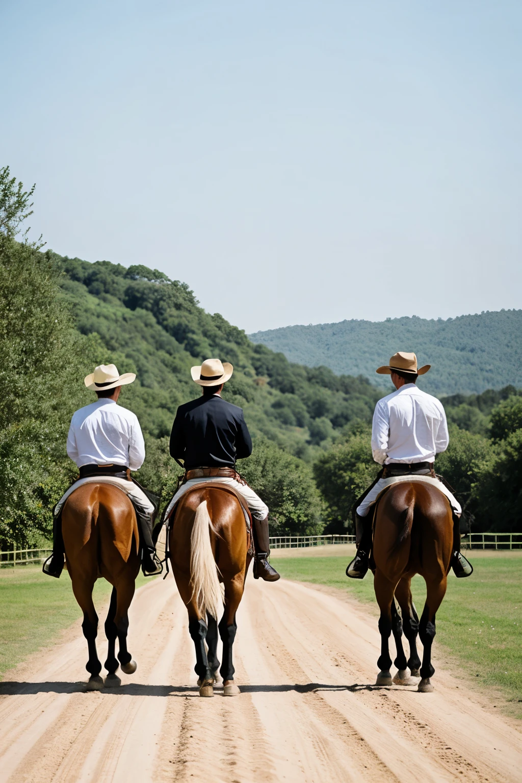 3 men riding horses saying goodbye to their families