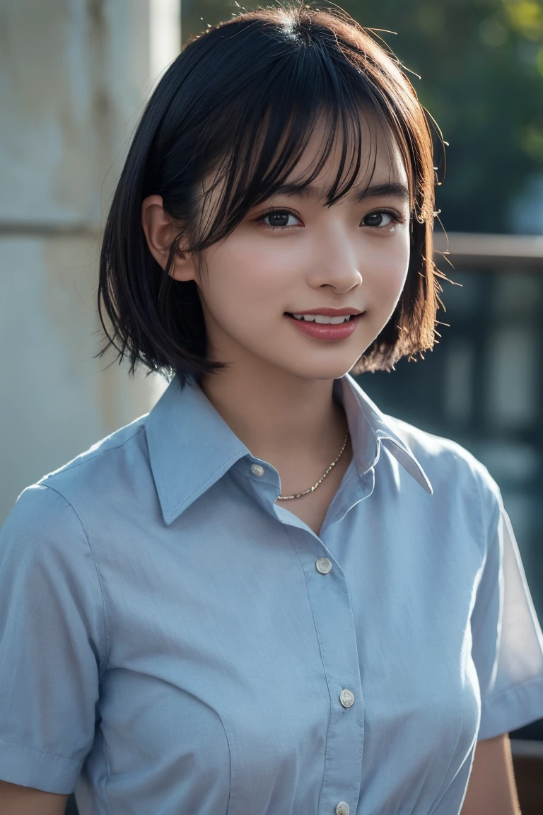 (8K, Raw photo, Highest quality, masterpiece:1.2), (Realistic, Photorealistic:1.37), Ultra-detailed, Ultra-high resolution, 1 girl, Seeing the viewer, Beautifully detailed face, Laughter, narrow, (Slim waist) :1.3), shortcut, Beautifully detailed skin, Skin texture, Dark hair, Short hair, Bob, Professional Lighting, (White collared shirt), Human whole body