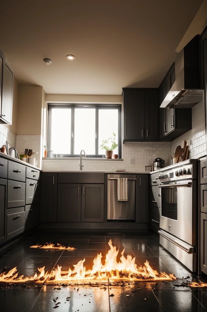Make a background of a kitchen on fire showing the floor 
