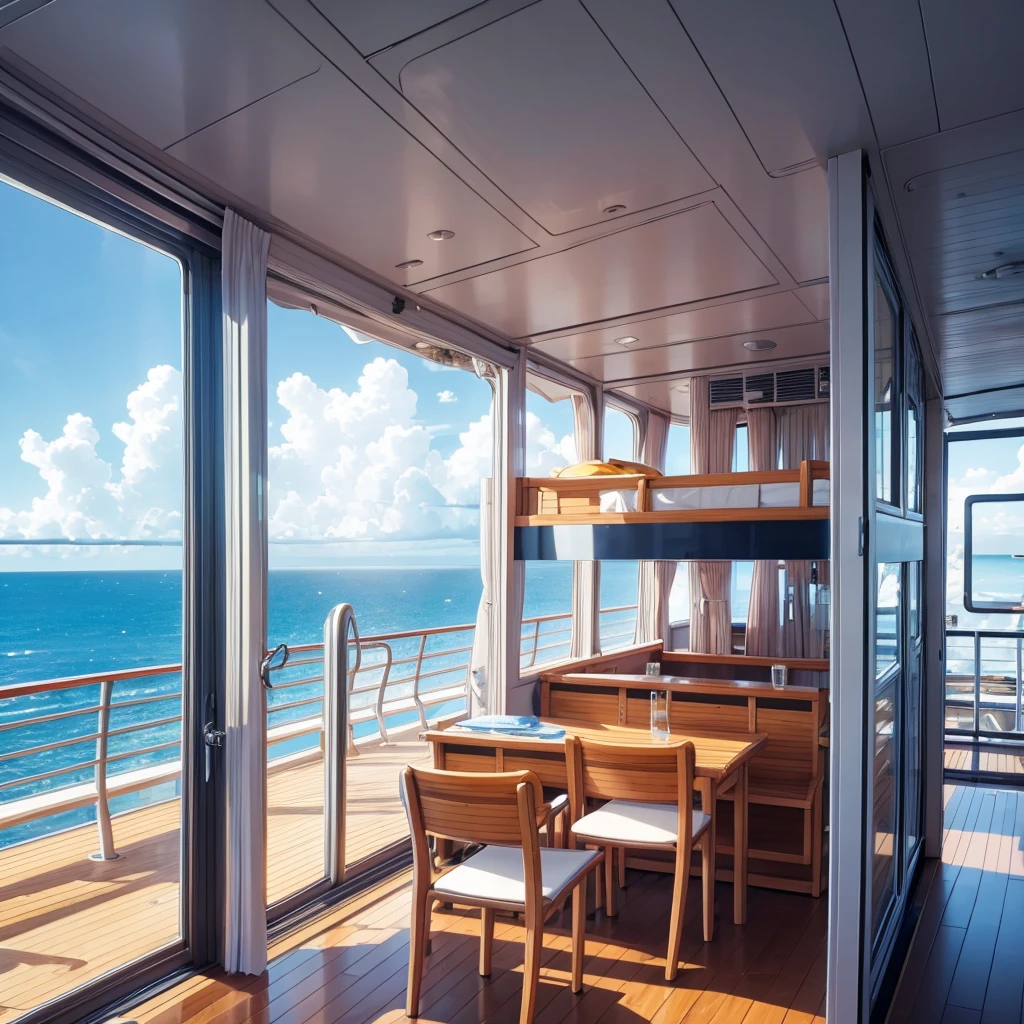 Cabin of a cruise ship with a view of the sea
