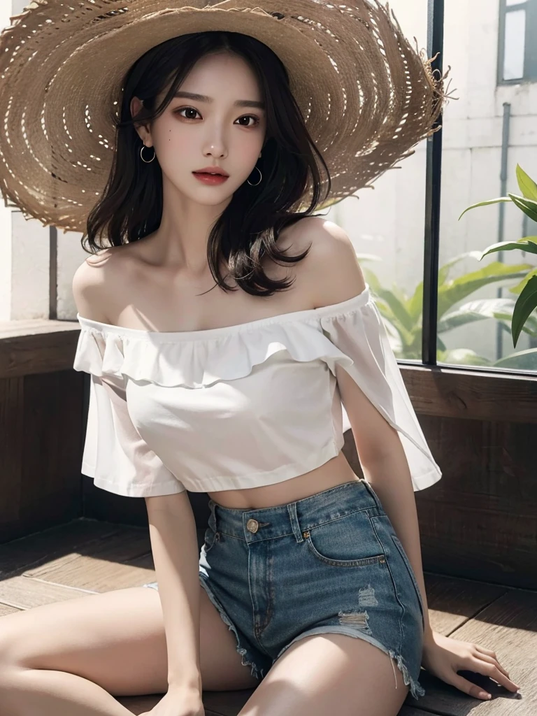 absurdres, RAW photo, extremely delicate and beautiful, masterpiece, Best Quality, ultra high resolution, 32k, hyperrealistic, ultra-detailed, perfect anatomy, super Detailed skin, Super Beauty, perfect figure, Perfect Style, Perfect balance, in her 20s, very small head, very small face, delicate facial features, tearful mole, earring, very huge breasts, bare legs, full body shot, medium hair, black hair, casual, blouse, white shirt, buttoned shirt, bare shoulders, collarbone, midriff, navel, shorts, straw hat,