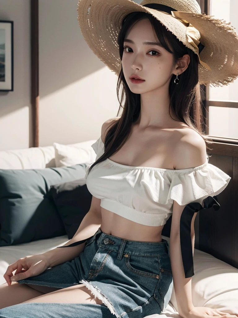 absurdres, RAW photo, extremely delicate and beautiful, masterpiece, Best Quality, ultra high resolution, 32k, hyperrealistic, ultra-detailed, perfect anatomy, super Detailed skin, Super Beauty, perfect figure, Perfect Style, Perfect balance, in her 20s, very small head, very small face, delicate facial features, tearful mole, earring, very huge breasts, bare legs, full body shot, medium hair, black hair, casual, blouse, white shirt, buttoned shirt, bare shoulders, collarbone, midriff, navel, shorts, straw hat,