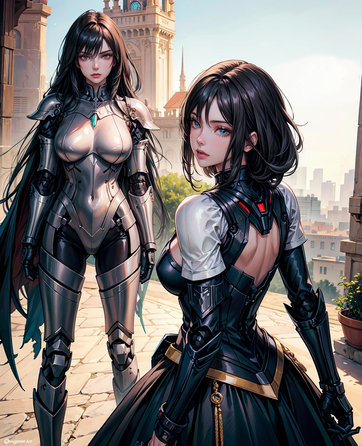 Beautiful tall woman with robotic armor with super realistic and well detailed black hair