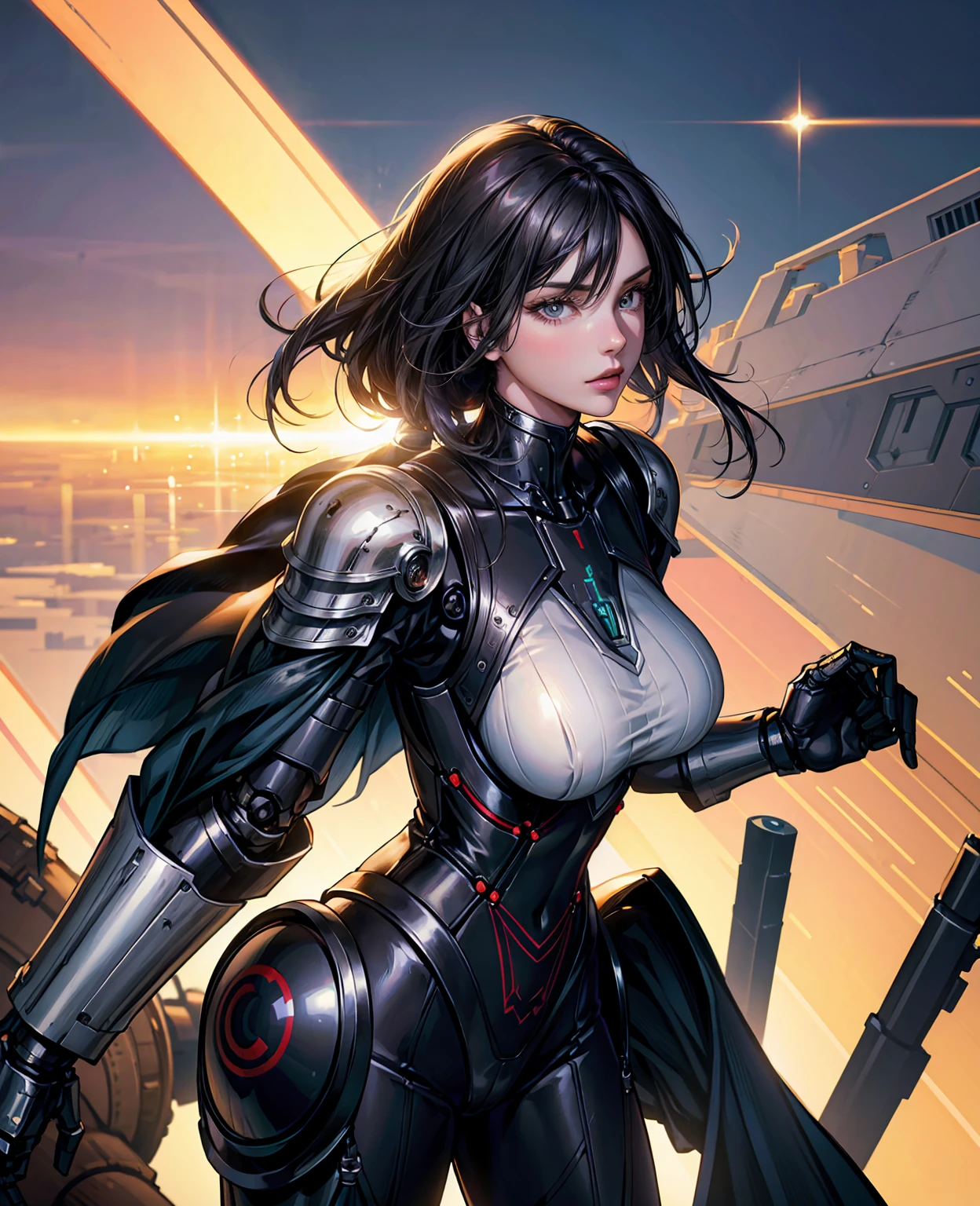 Beautiful tall woman with robotic armor with super realistic and well detailed black hair