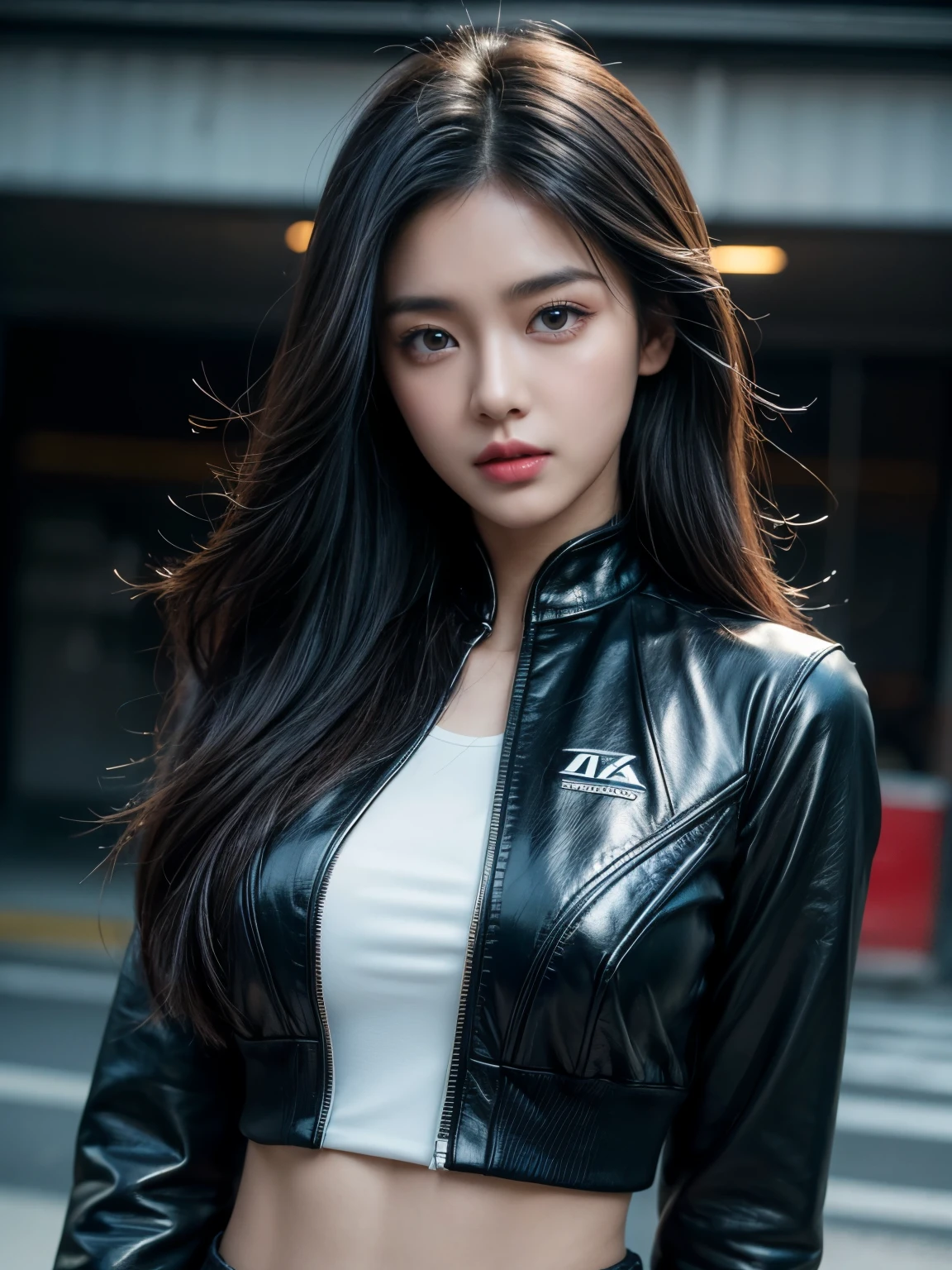 standing, (looking at viewer), cute face, diamond face shape, (((Masterpiece))), garage, cars, (((Best Quality: 1.4))), ((Super Detail: 1.4)), gorgeous exotic features, amber neon eyes:1.5, long black hair, hyper detailed face features, expressivo face, detailed textures, blue skintone, natural skin shader, volumetrics, warm undertones under her skin, ultra High resolution, pair skin, korean, black hair, cute face, (full show perfect body), so huge rounded breasts, race jacket, 8k, anatomically correct, (dynamic lighting)