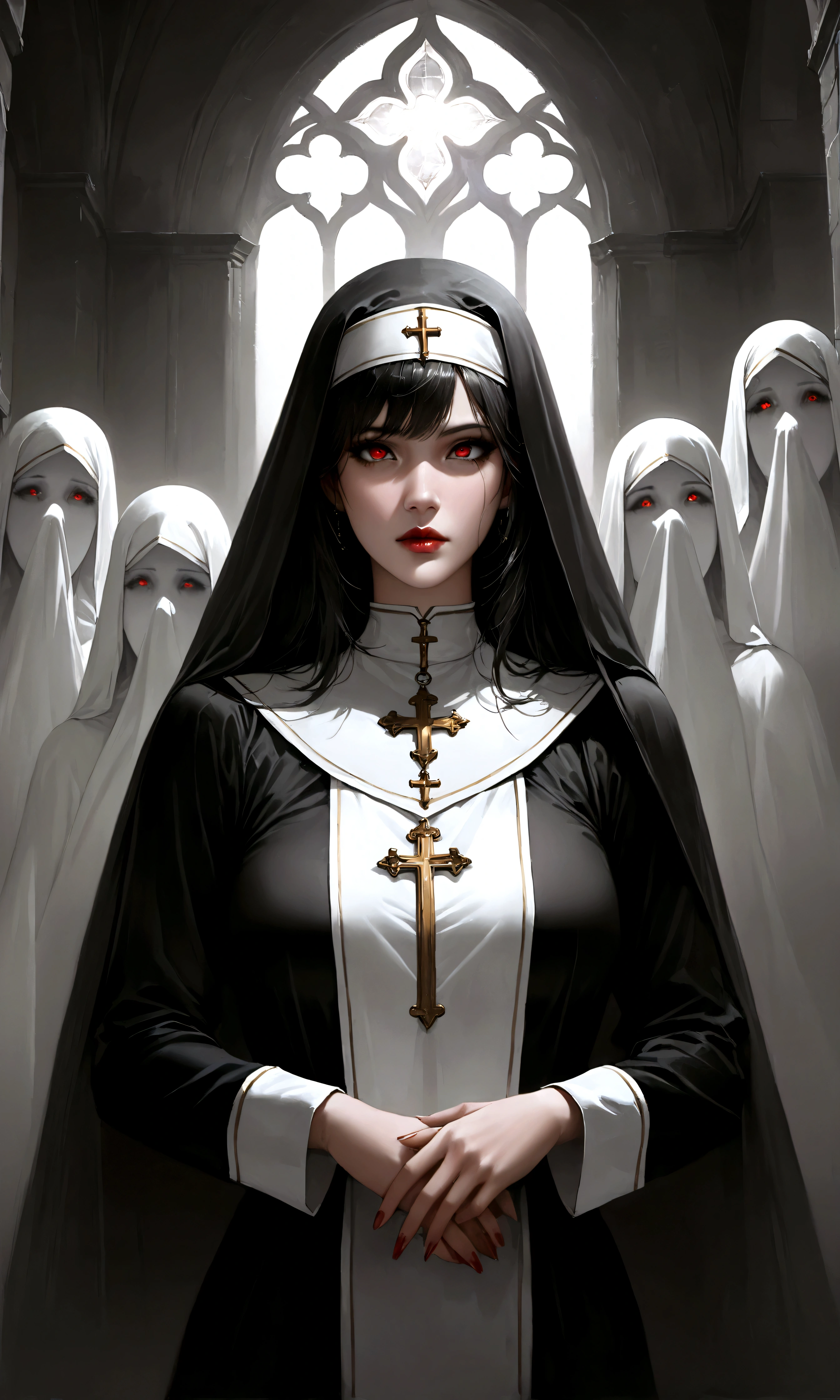(high quality, Realistic, ultra detailed),blood nun,dark and gloomy atmosphere,old church with biblical windows,beautiful woman with piercing red eyes,1woman surrounded by ethereal spirits,eternal and deep darkness,penitent ghosts,group of humanoid spirits
