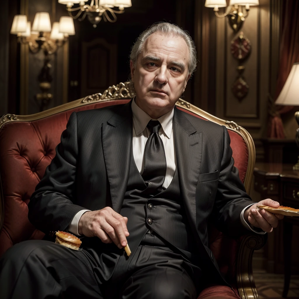 Don Vito Corleone sitting in his office chair, holding a juicy beef burger, no salad. It is in a luxurious setting, with dark wood furniture, soft lighting, and a classic, powerful feel. Vito is dressed in his signature black suit and has a serious expression as he holds the burger with both hands.